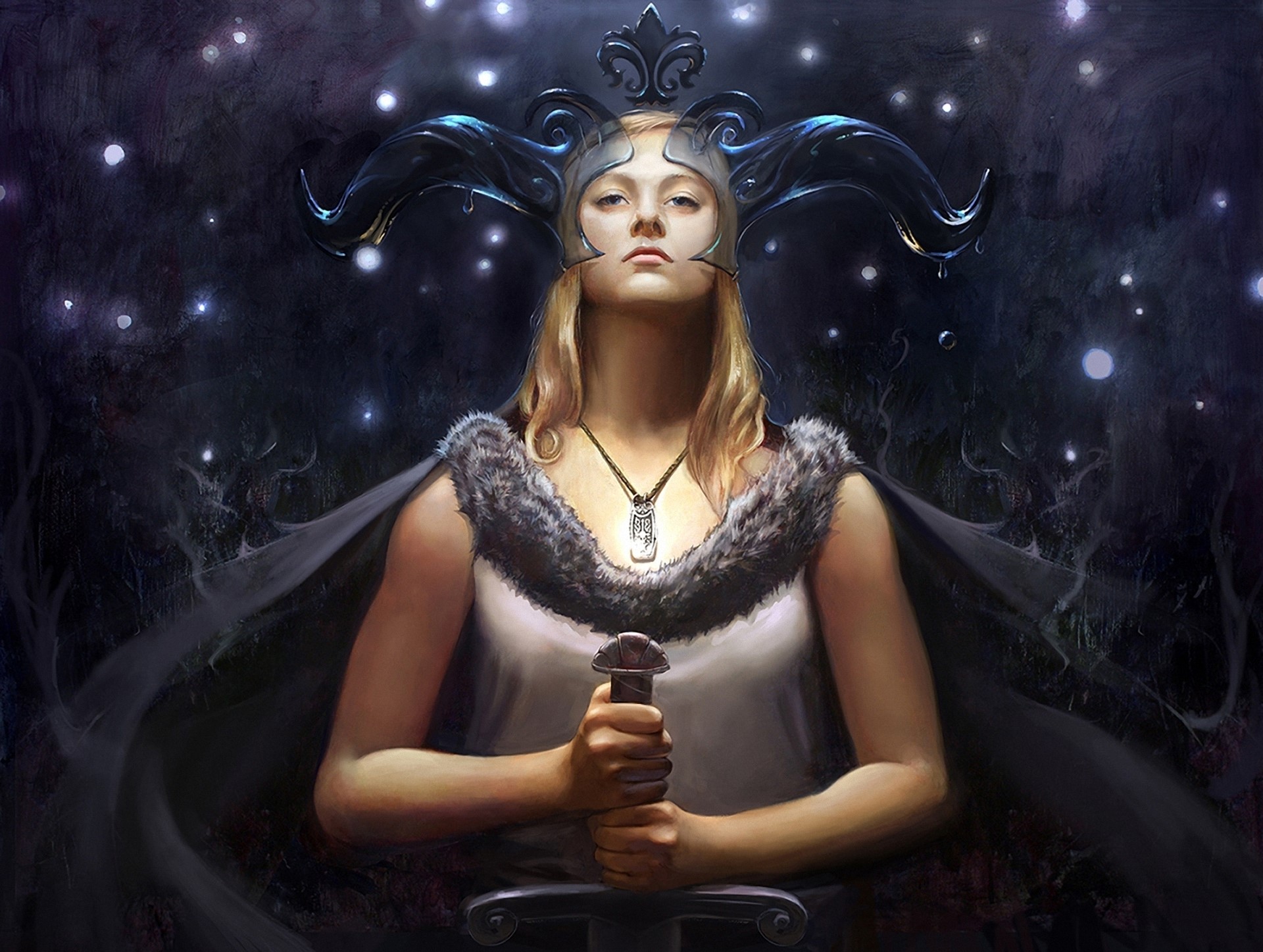Warrior woman with horns and sword HD Wallpaper