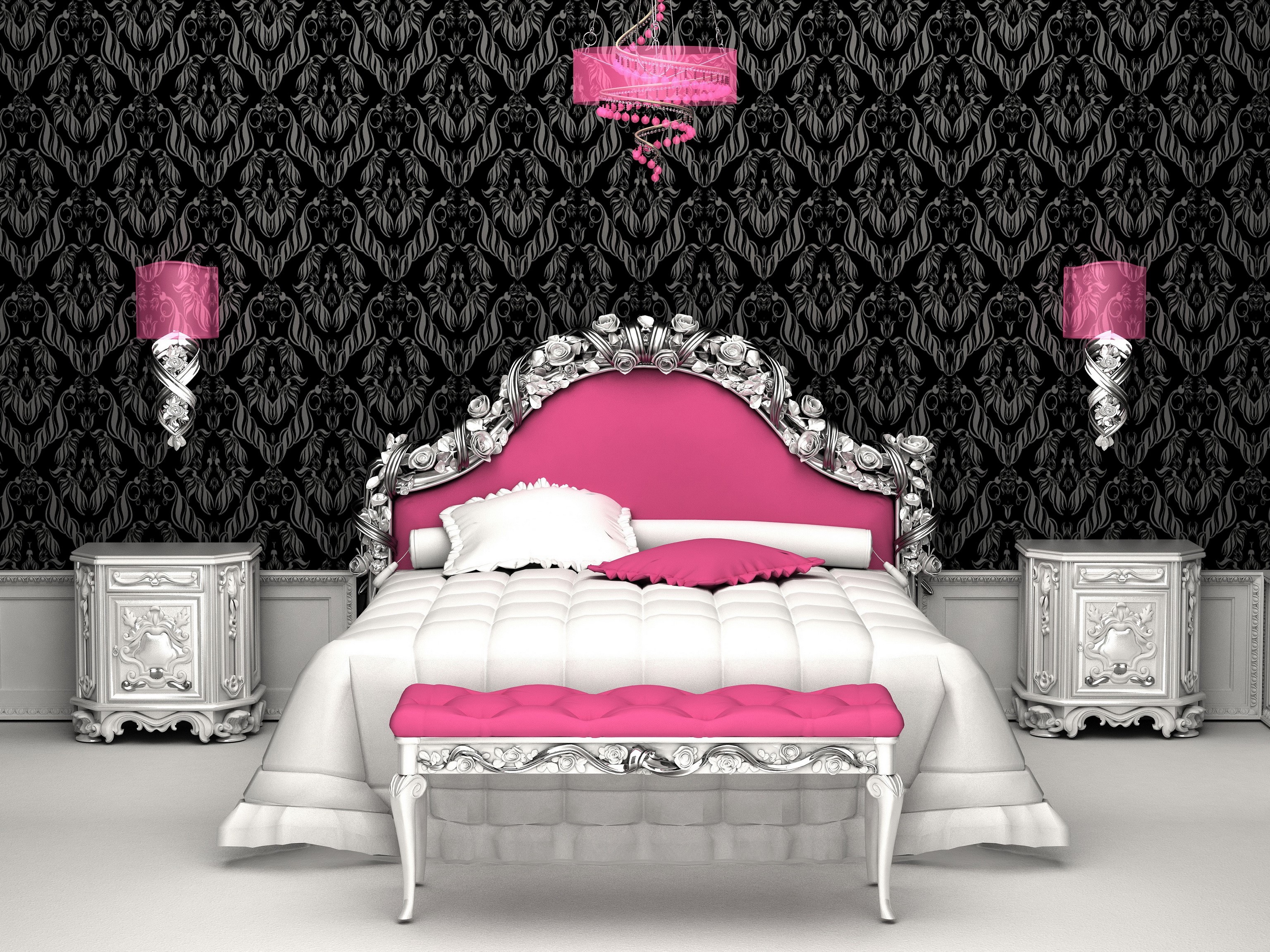 Luxurious bedroom with pink and black damask wallpaper HD Wallpaper