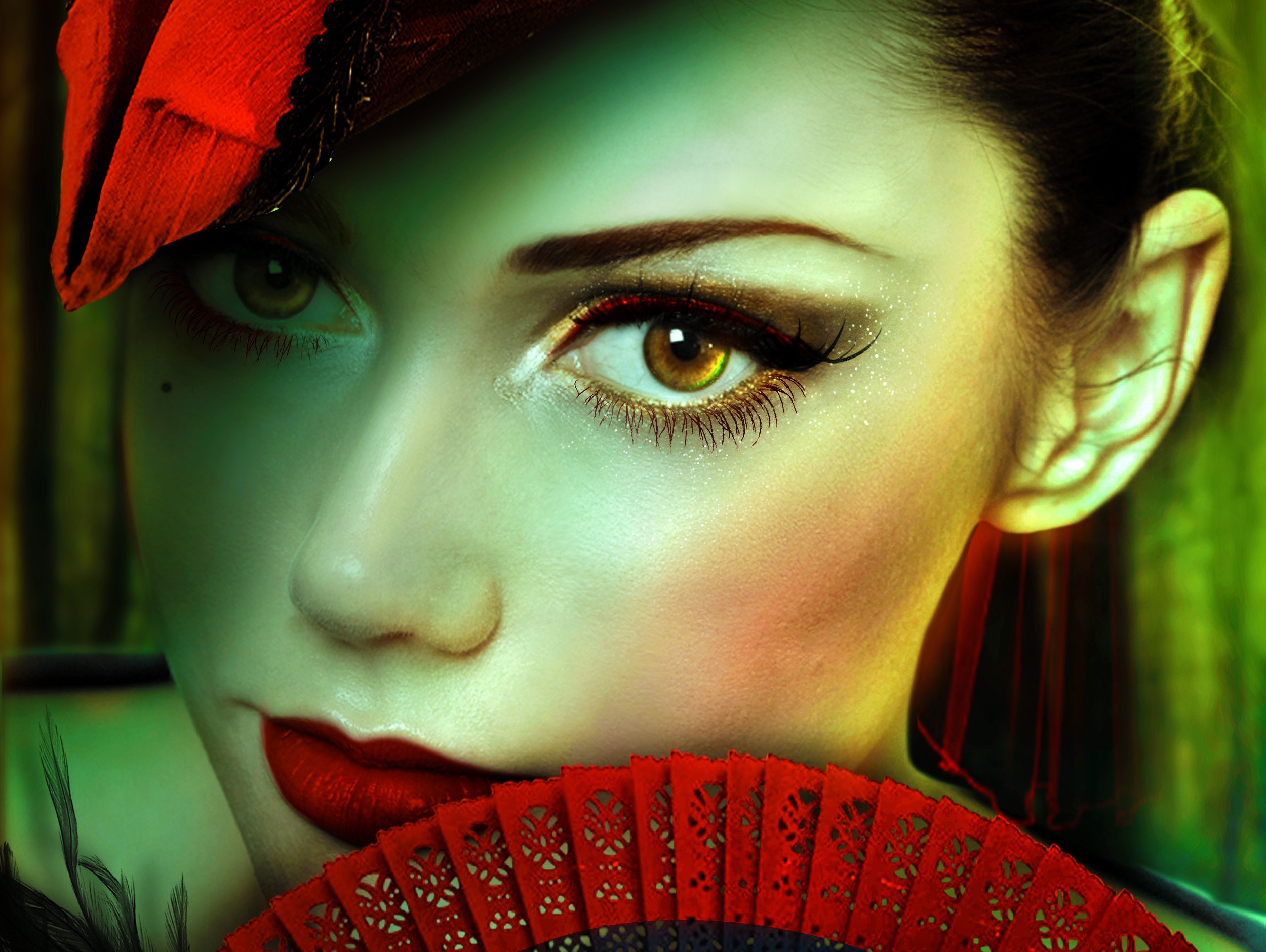 Woman with red fan and hat HD Wallpaper