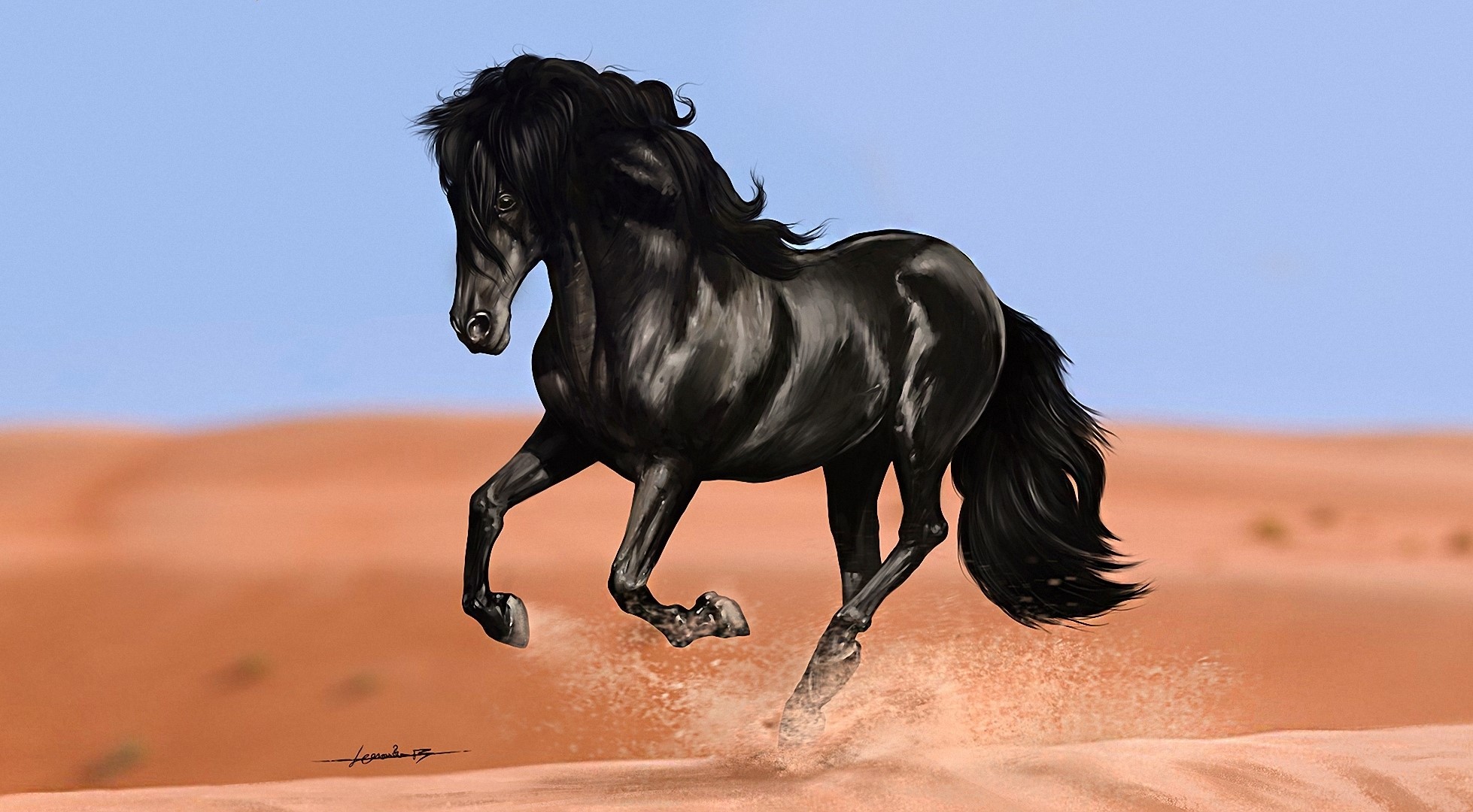 Black horse running through sand dunes HD Wallpaper