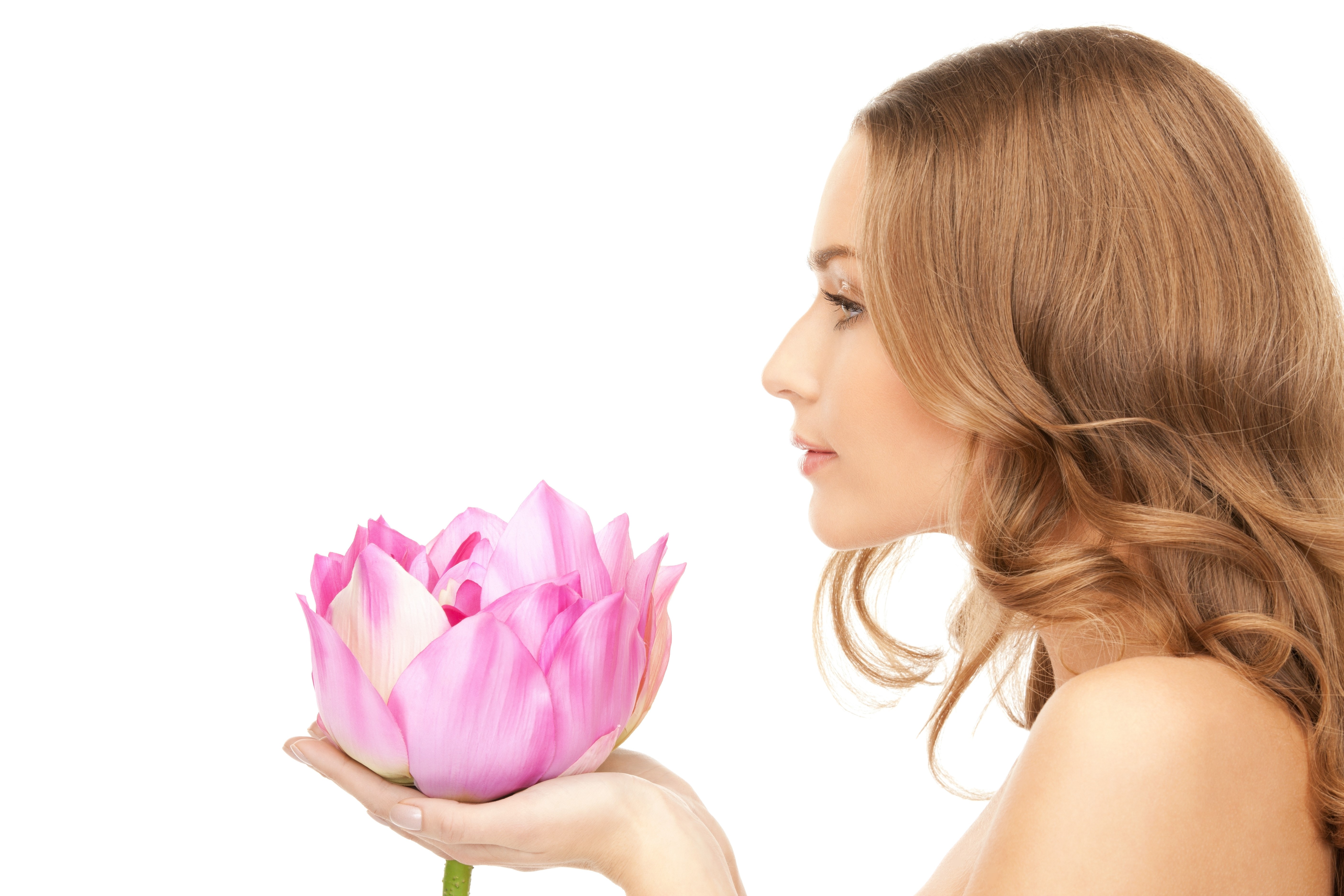 Woman holding a pink lotus flower HD Wallpaper