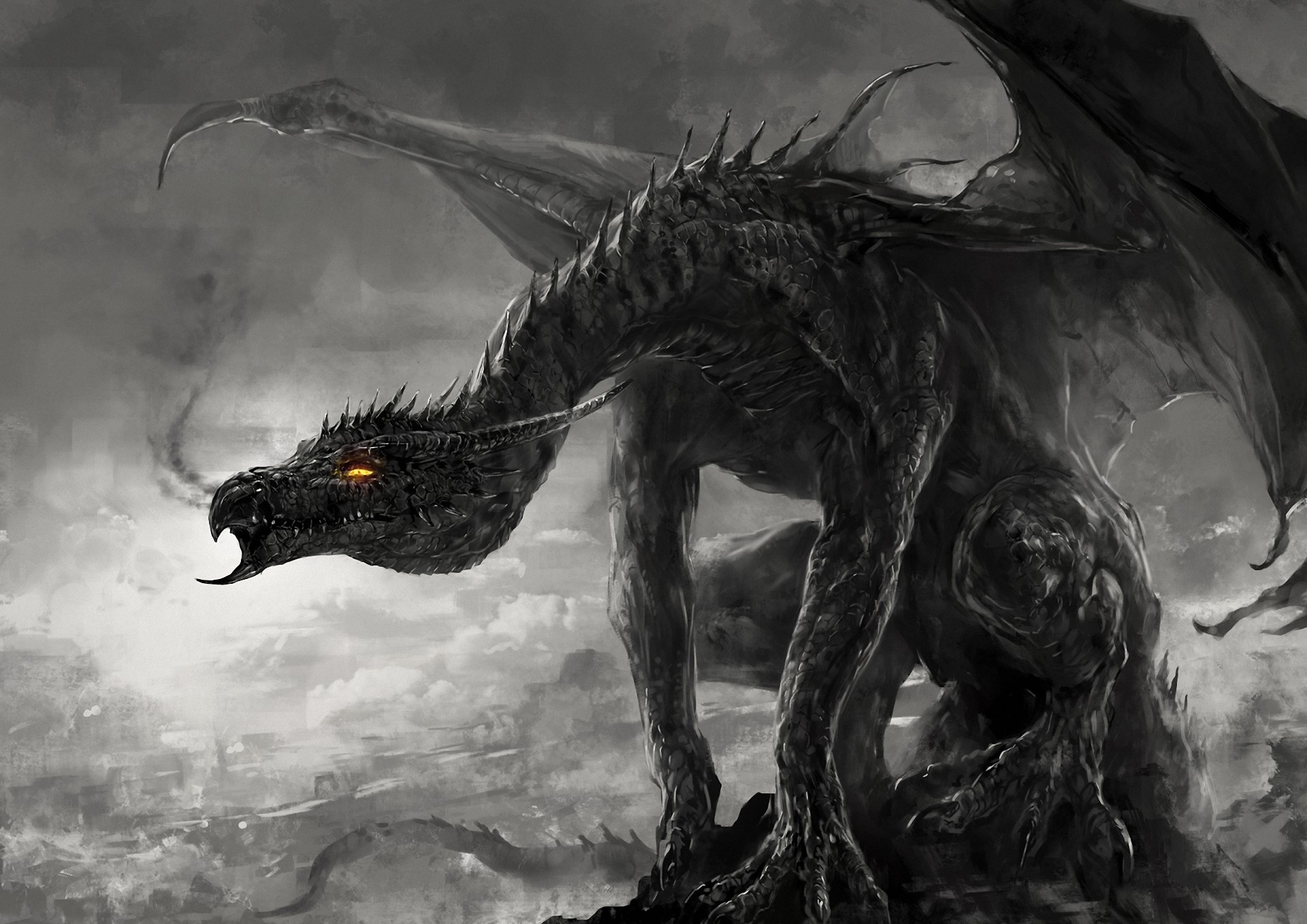 A black dragon with glowing eyes in a cloudy sky HD Wallpaper