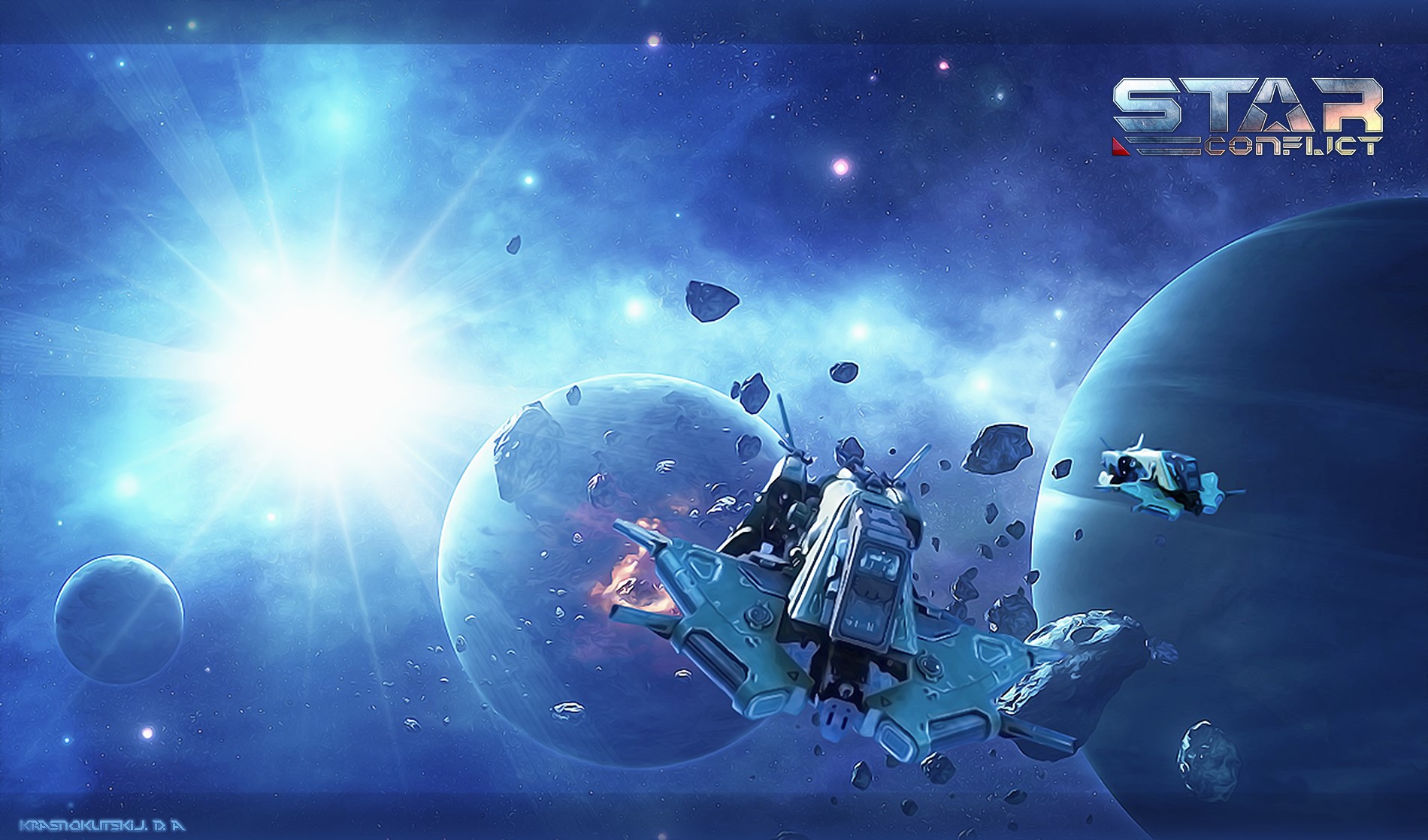 Star Conflict spaceships near planets and asteroids HD Wallpaper