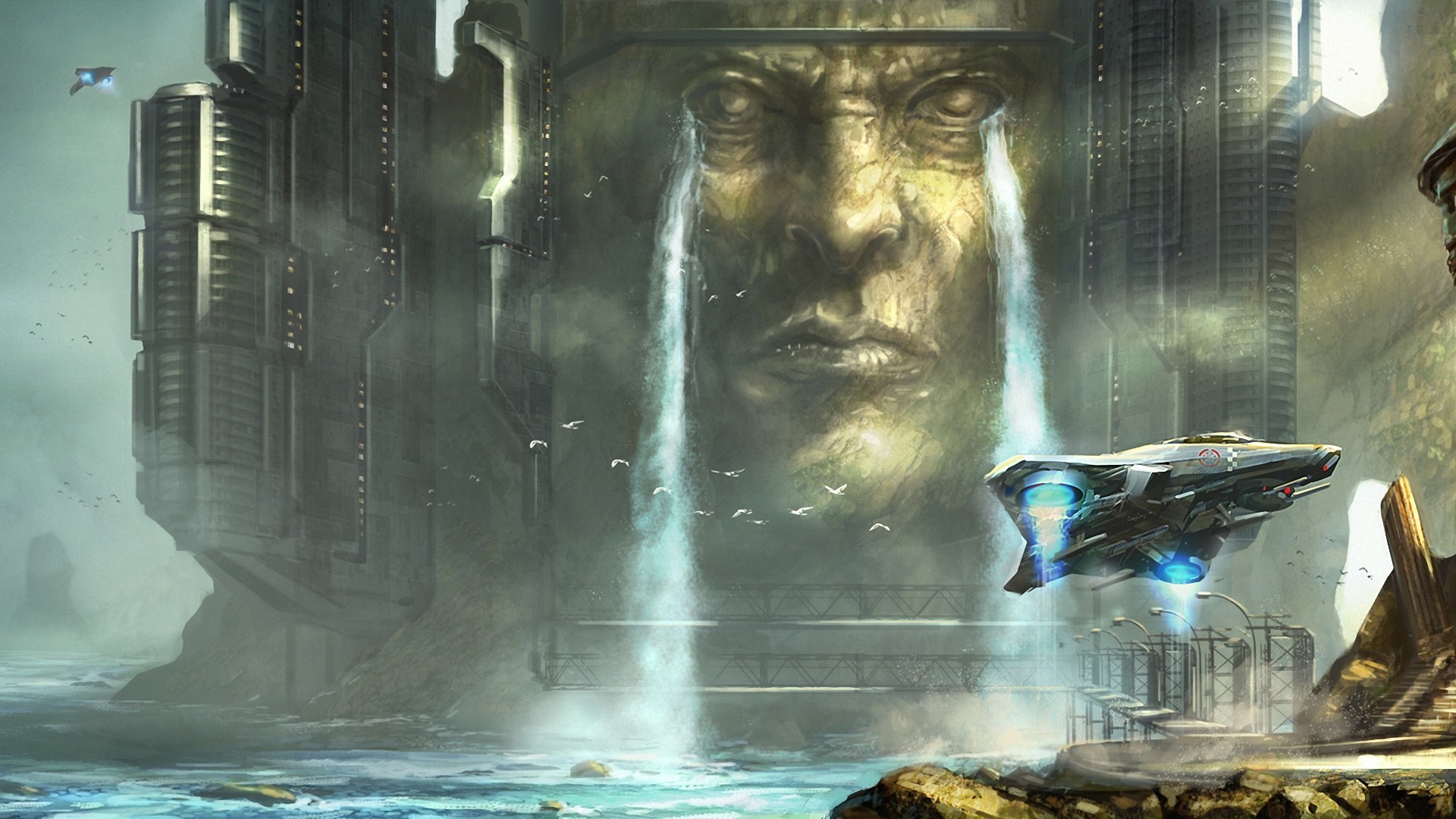 Sci-fi city with giant face and waterfalls HD Wallpaper