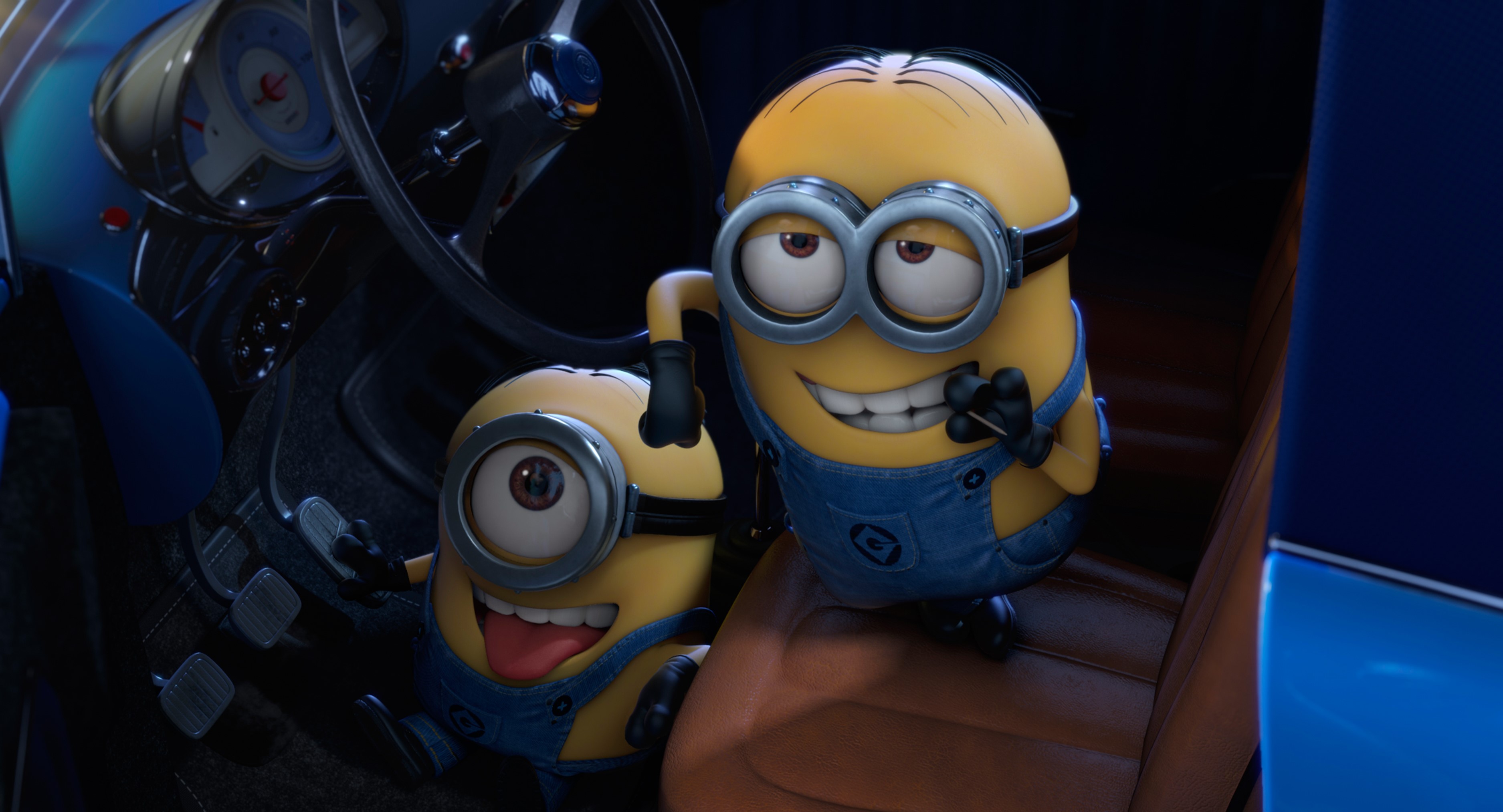 Two Minions from Despicable Me 2 in a car HD Wallpaper
