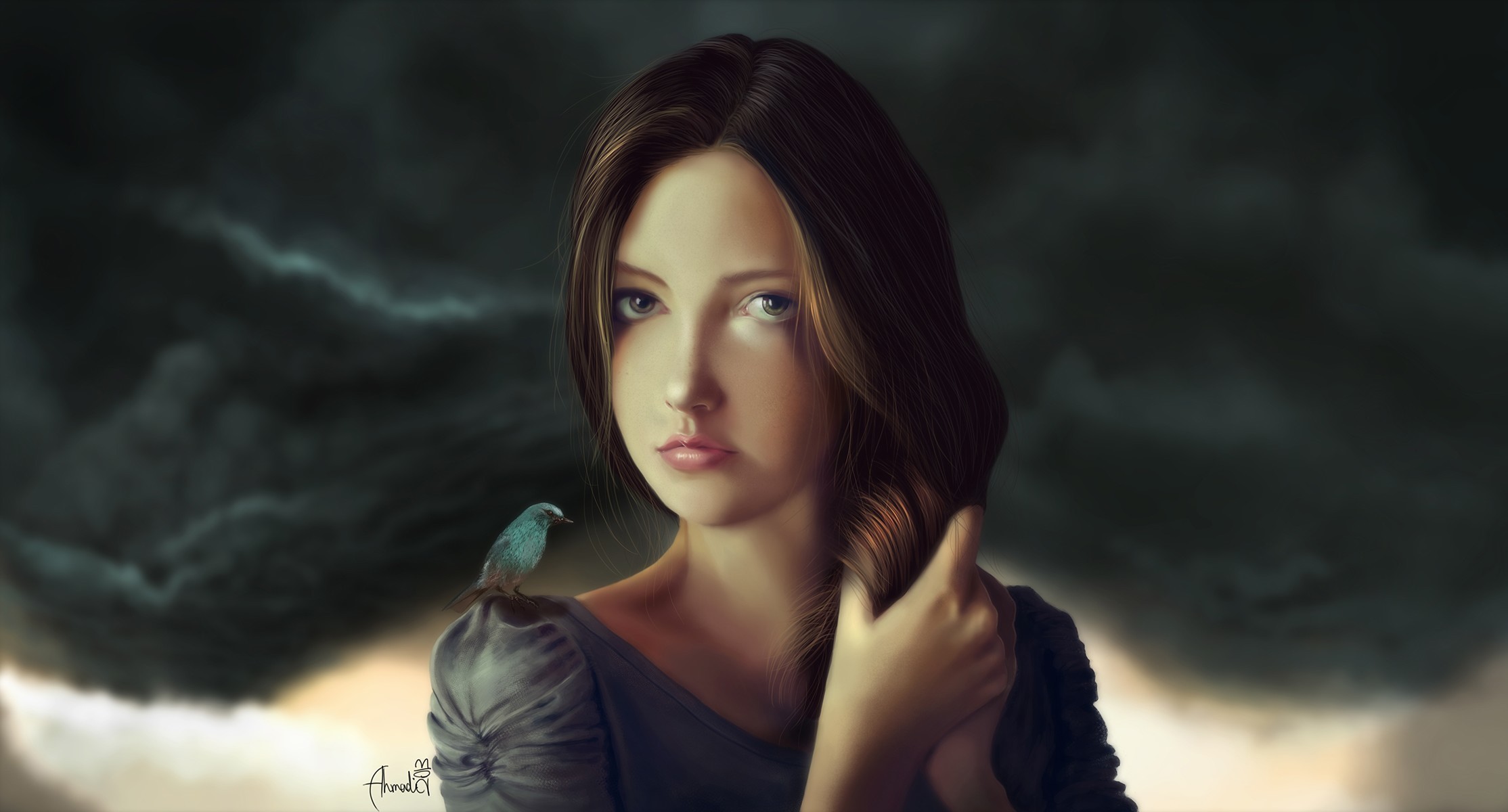 Painting of a brown-haired girl with a bird HD Wallpaper