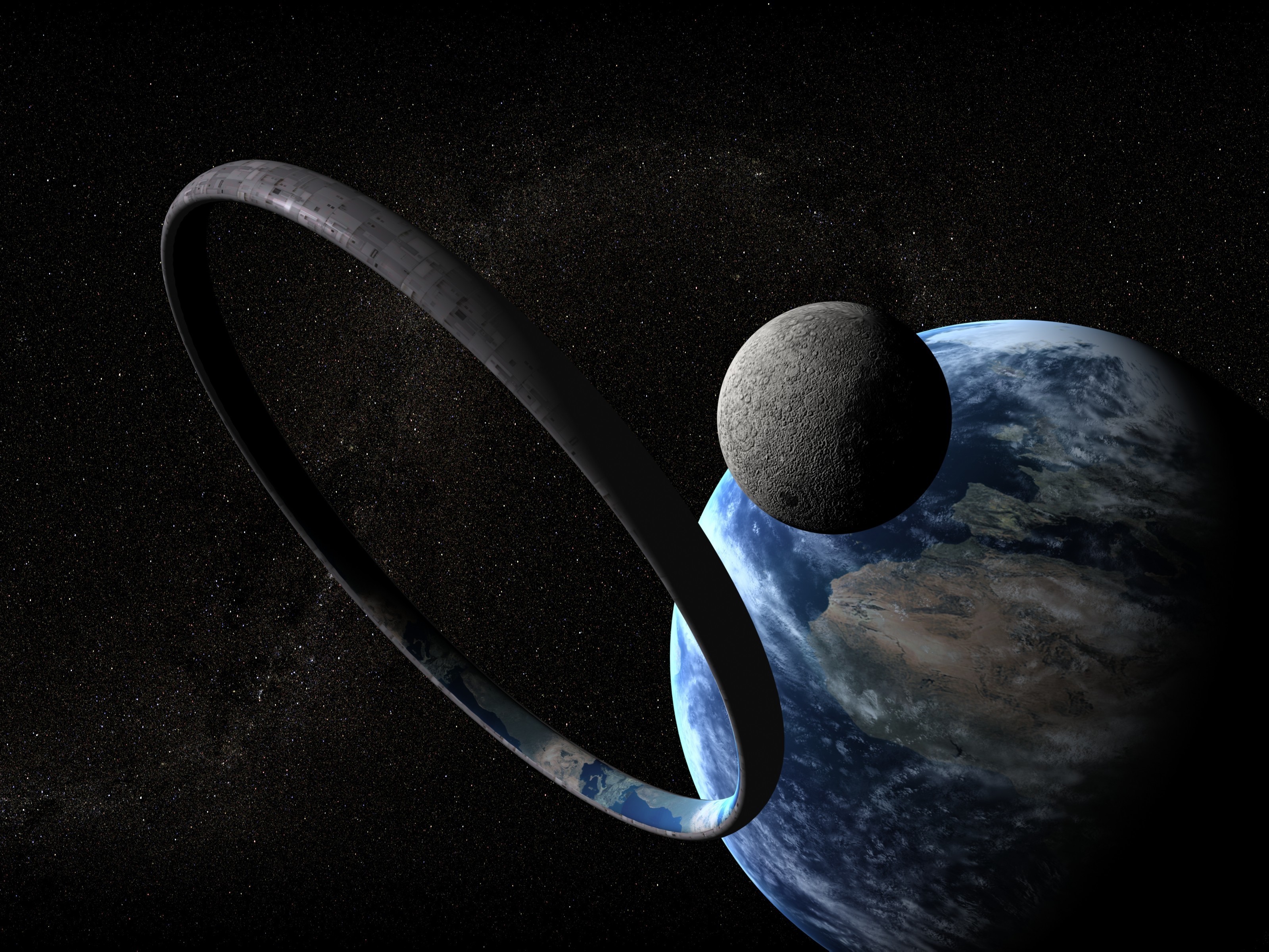 Ringworld orbiting Earth with Moon HD Wallpaper
