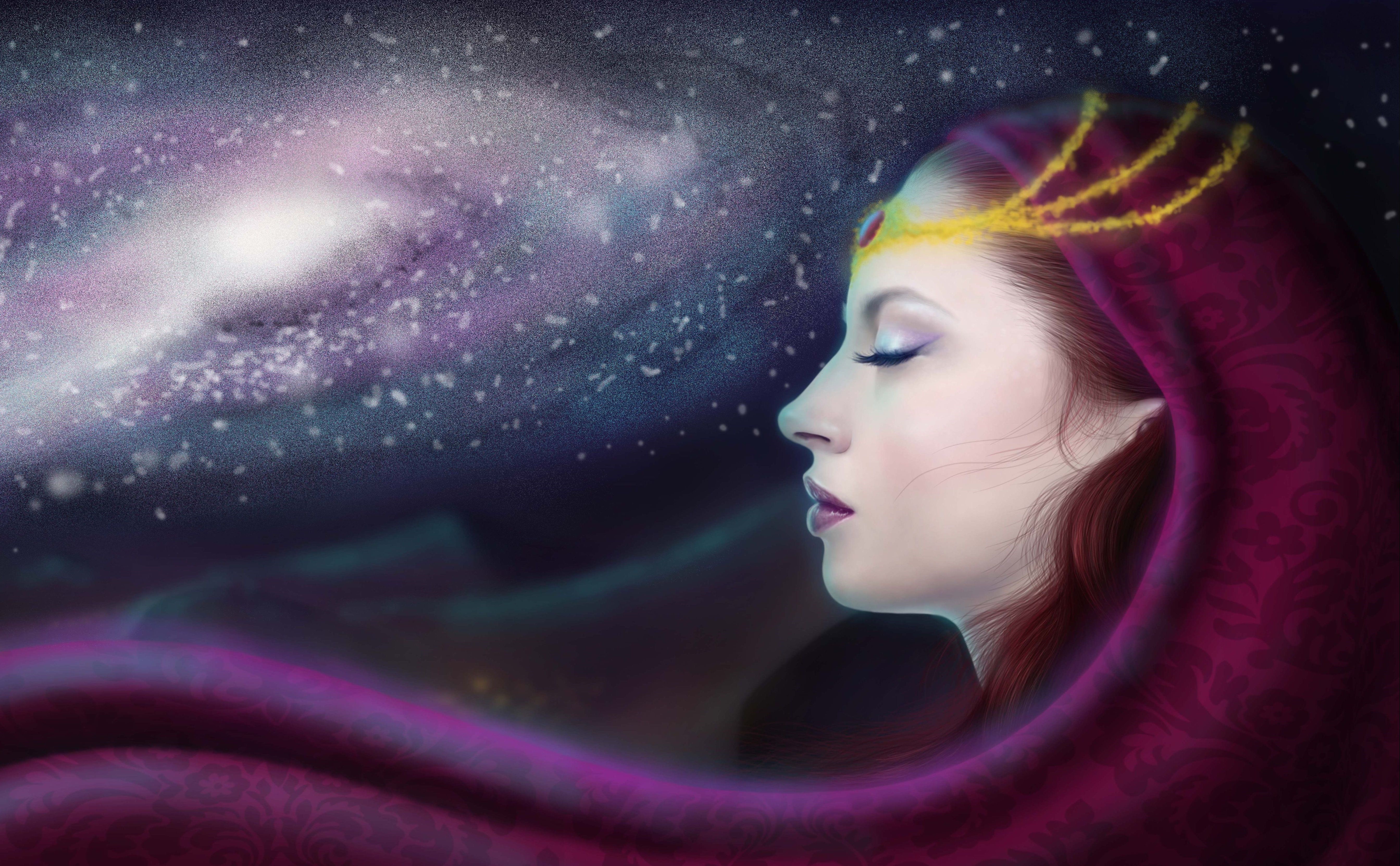 Woman in tiara and purple veil against galaxy HD Wallpaper