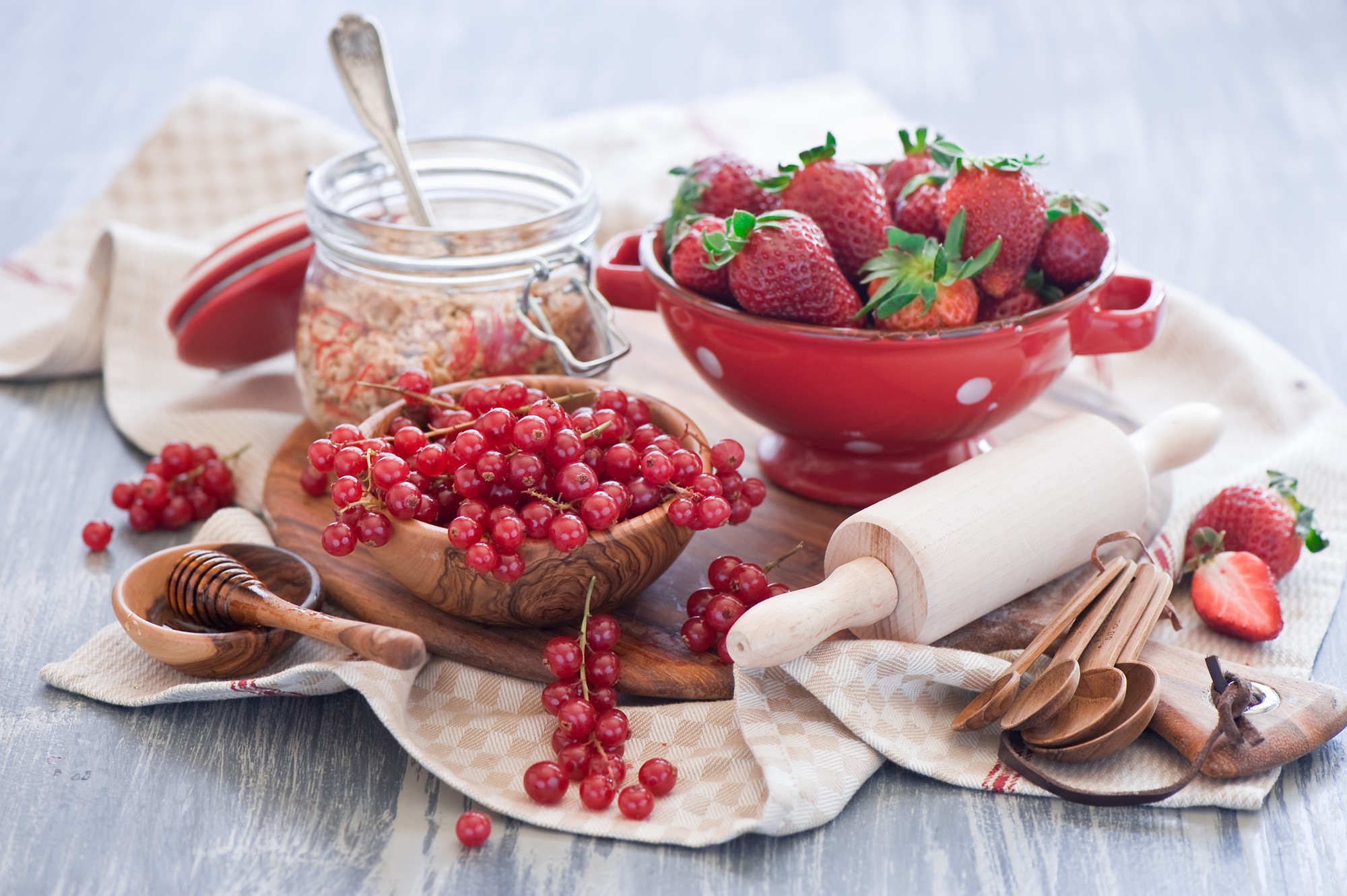 Strawberries and Red Currants with Baking Utensils HD Wallpaper