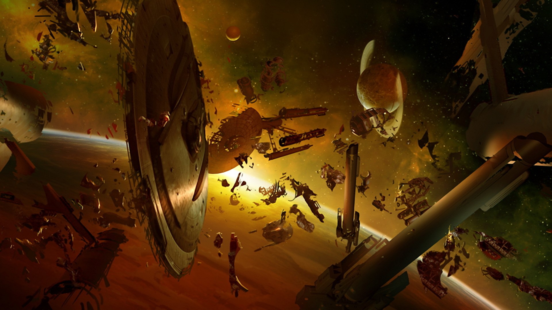 Space debris and destroyed ships near a planet HD Wallpaper