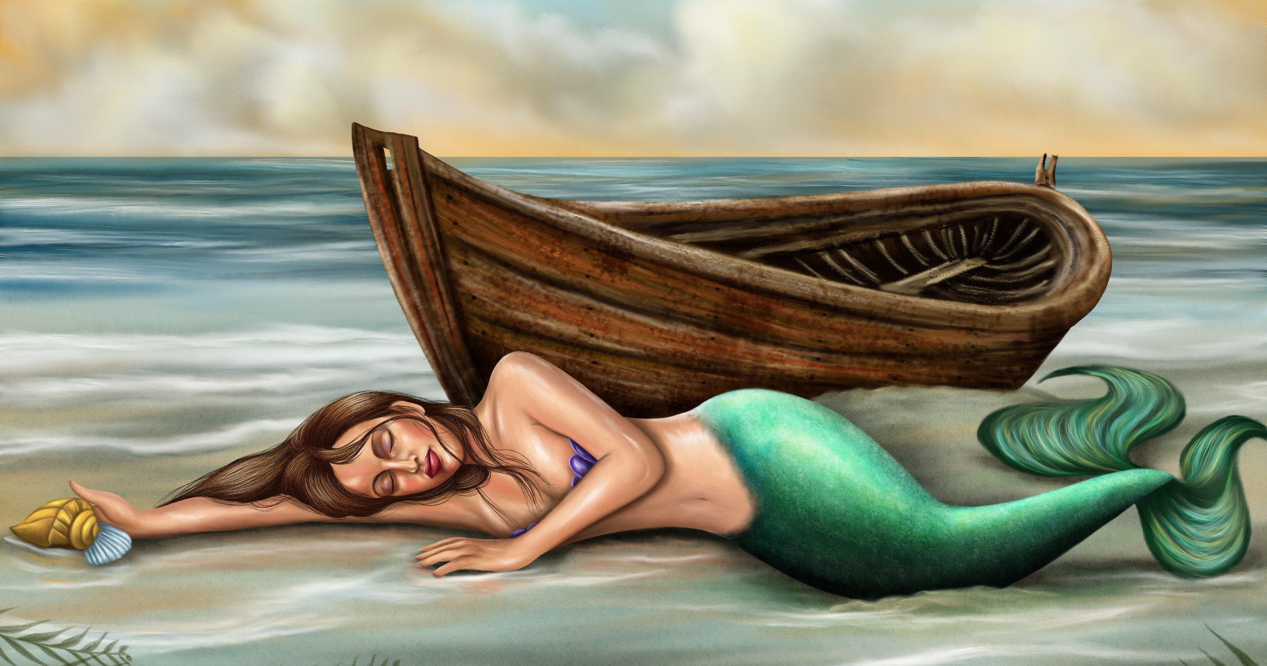 Mermaid sleeping on beach next to a boat HD Wallpaper