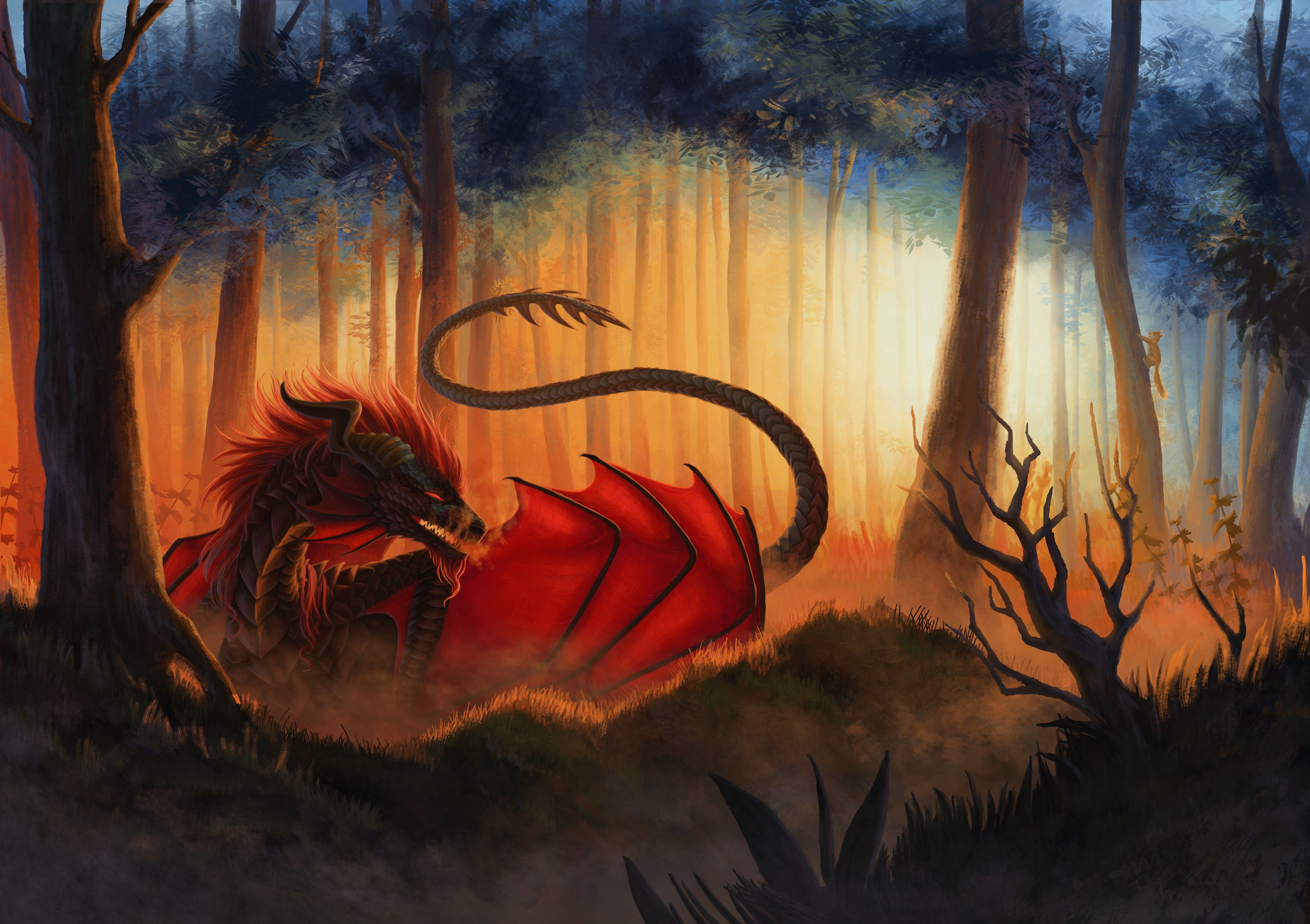 Dragon in a sunlit forest HD Wallpaper
