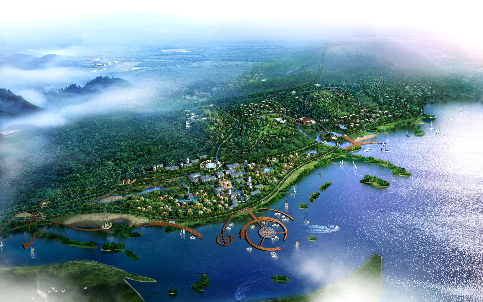 Aerial view of a coastal resort with forested hills and a lake HD Wallpaper