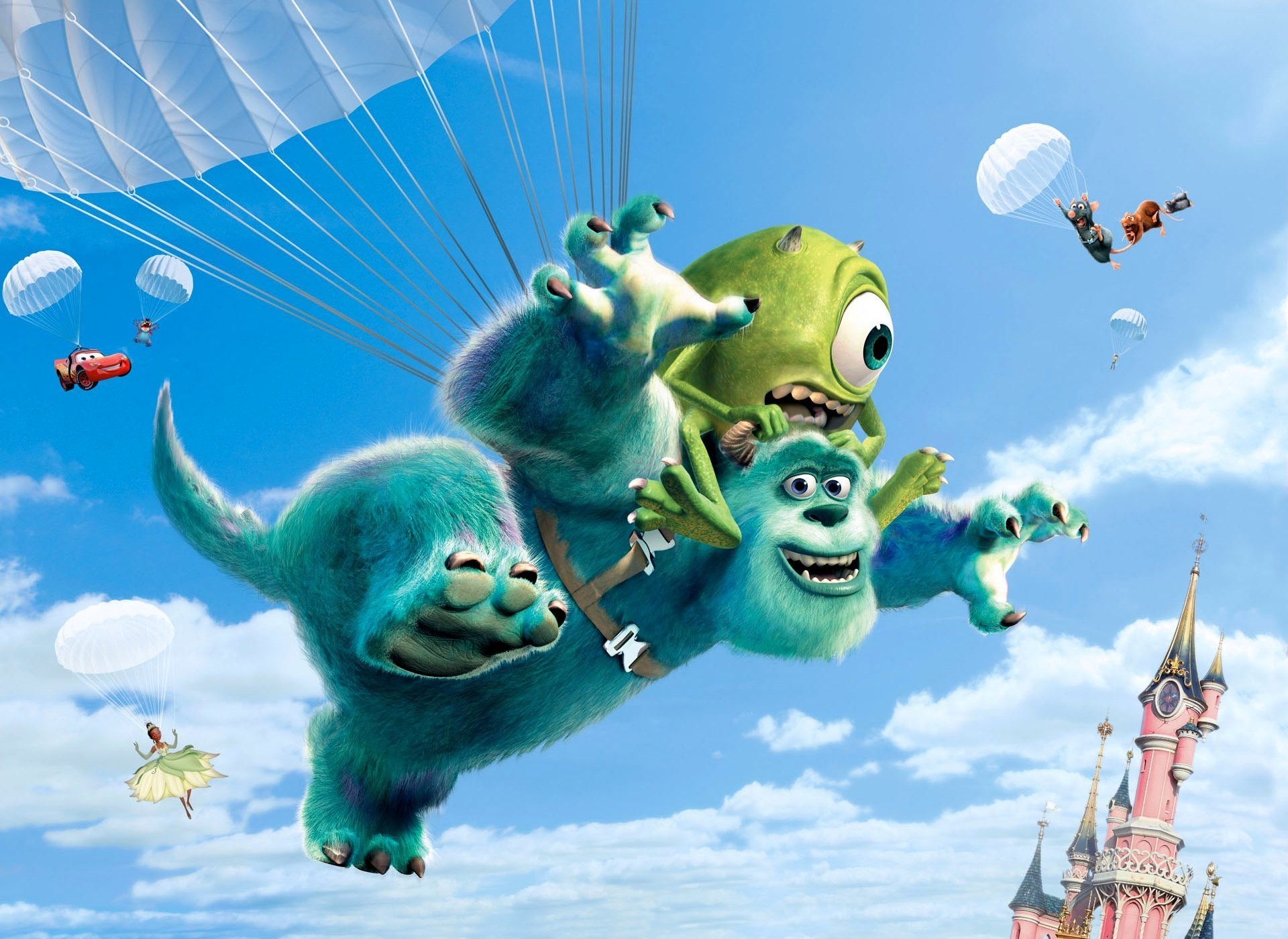 Monsters, Inc. characters skydiving over a castle HD Wallpaper