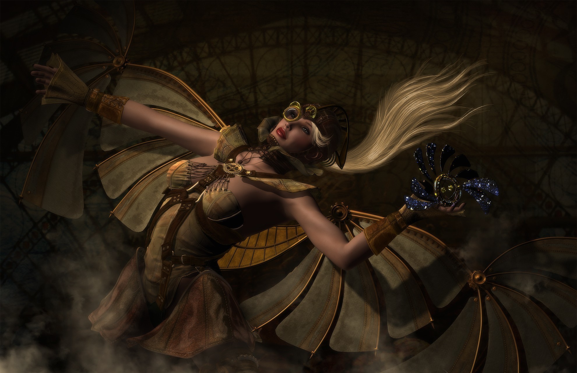 Steampunk woman with mechanical wings and goggles HD Wallpaper