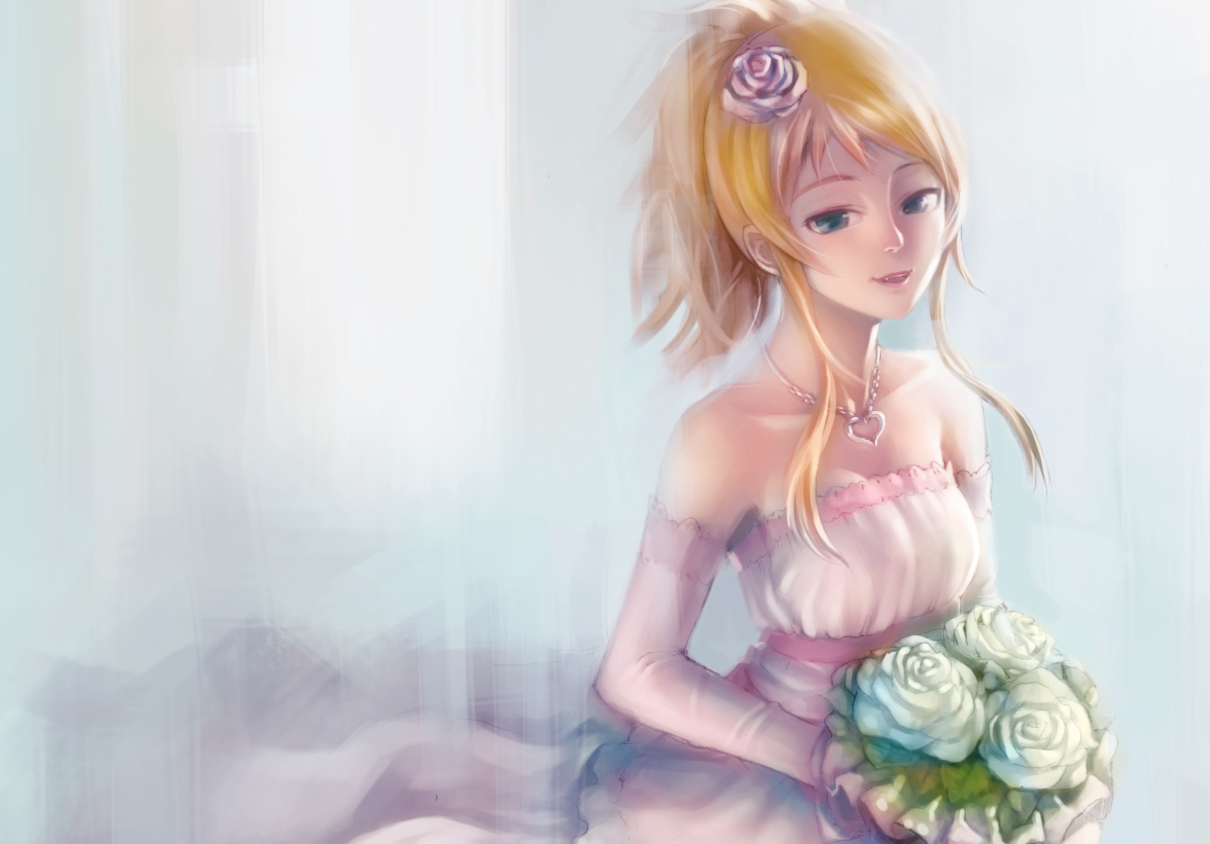 Anime bride in a white dress holding flowers HD Wallpaper