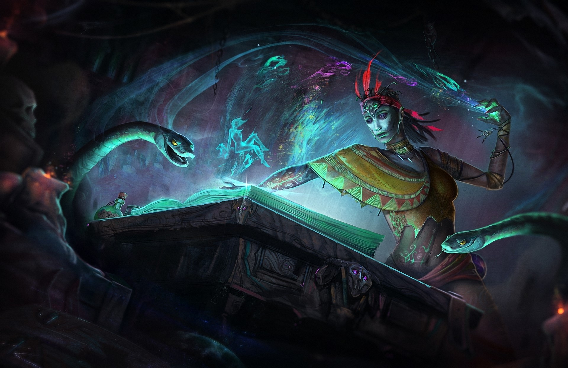 Sorceress with snakes and magic book HD Wallpaper