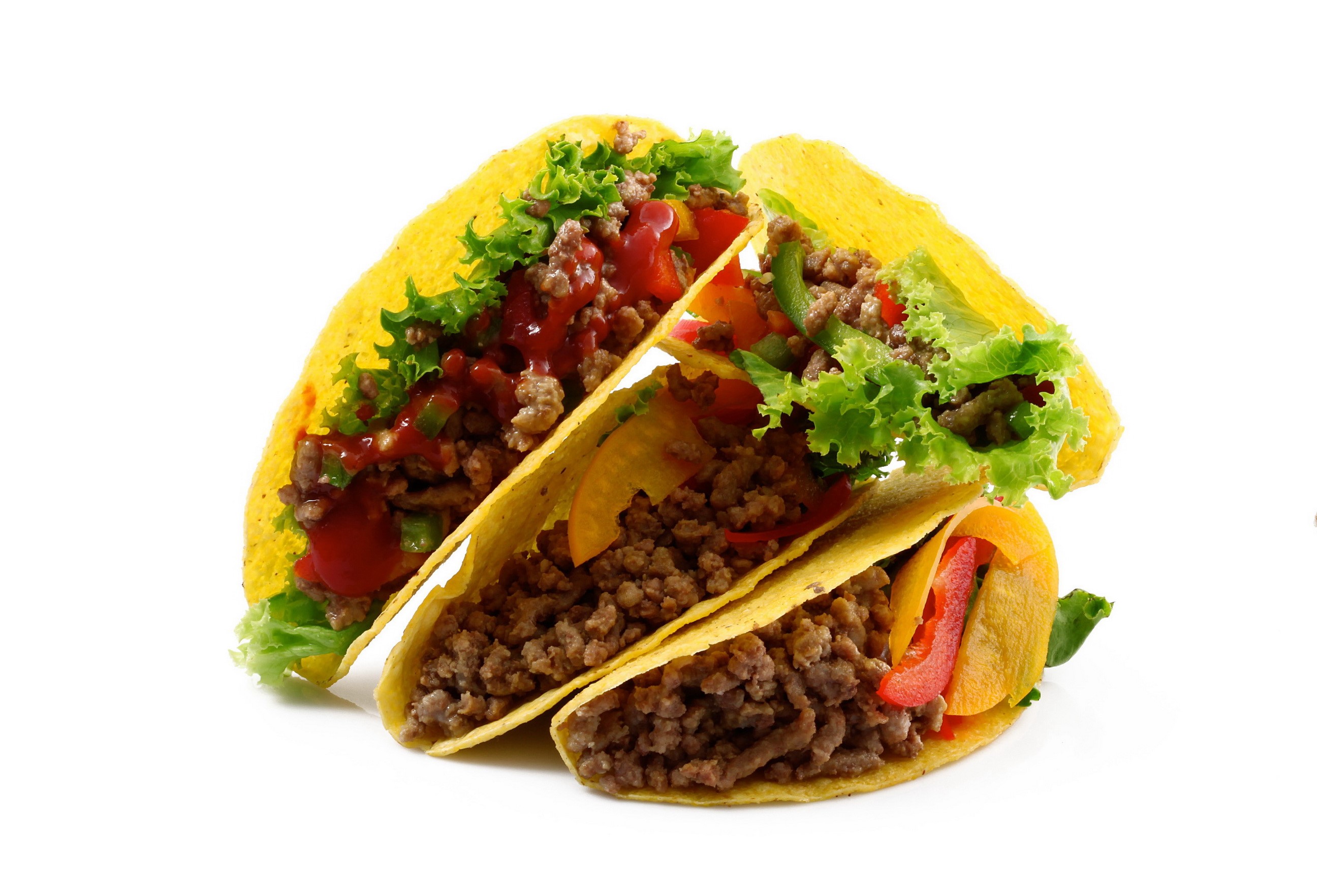 Three ground beef tacos with lettuce and sauce HD Wallpaper