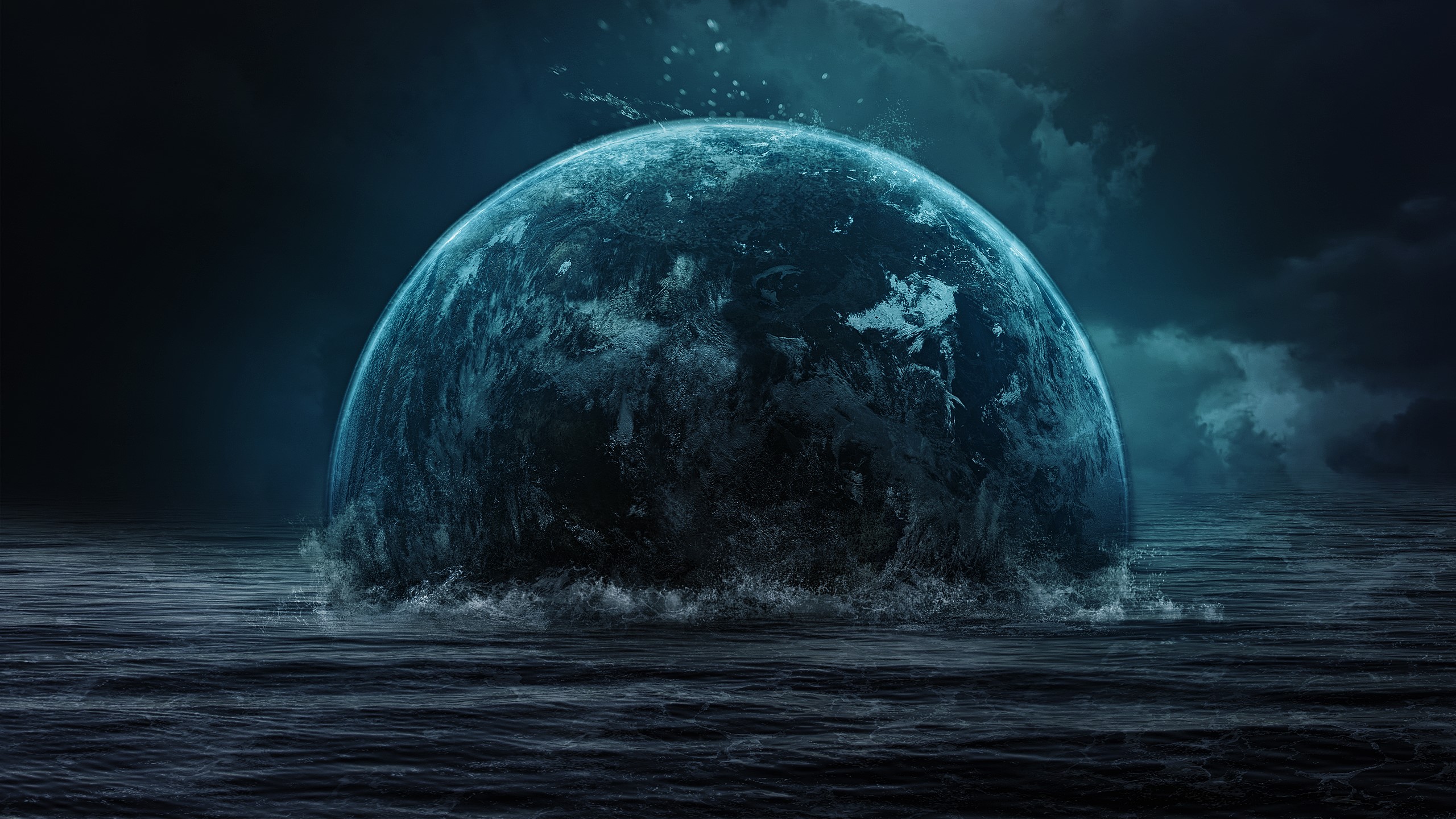 Planet Earth emerging from dark ocean under stormy sky HD Wallpaper