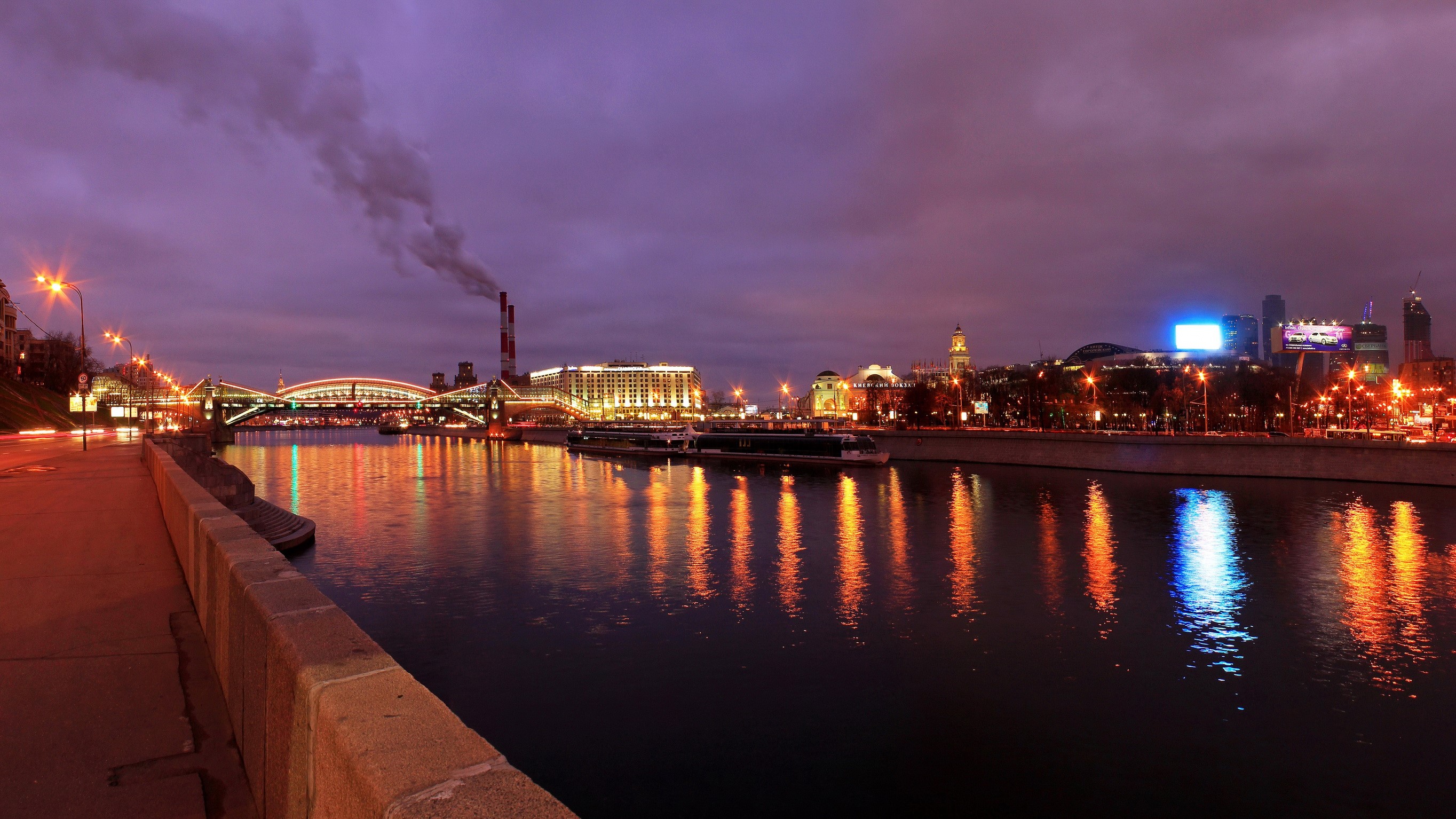 Moscow river at night with city lights and bridge HD Wallpaper