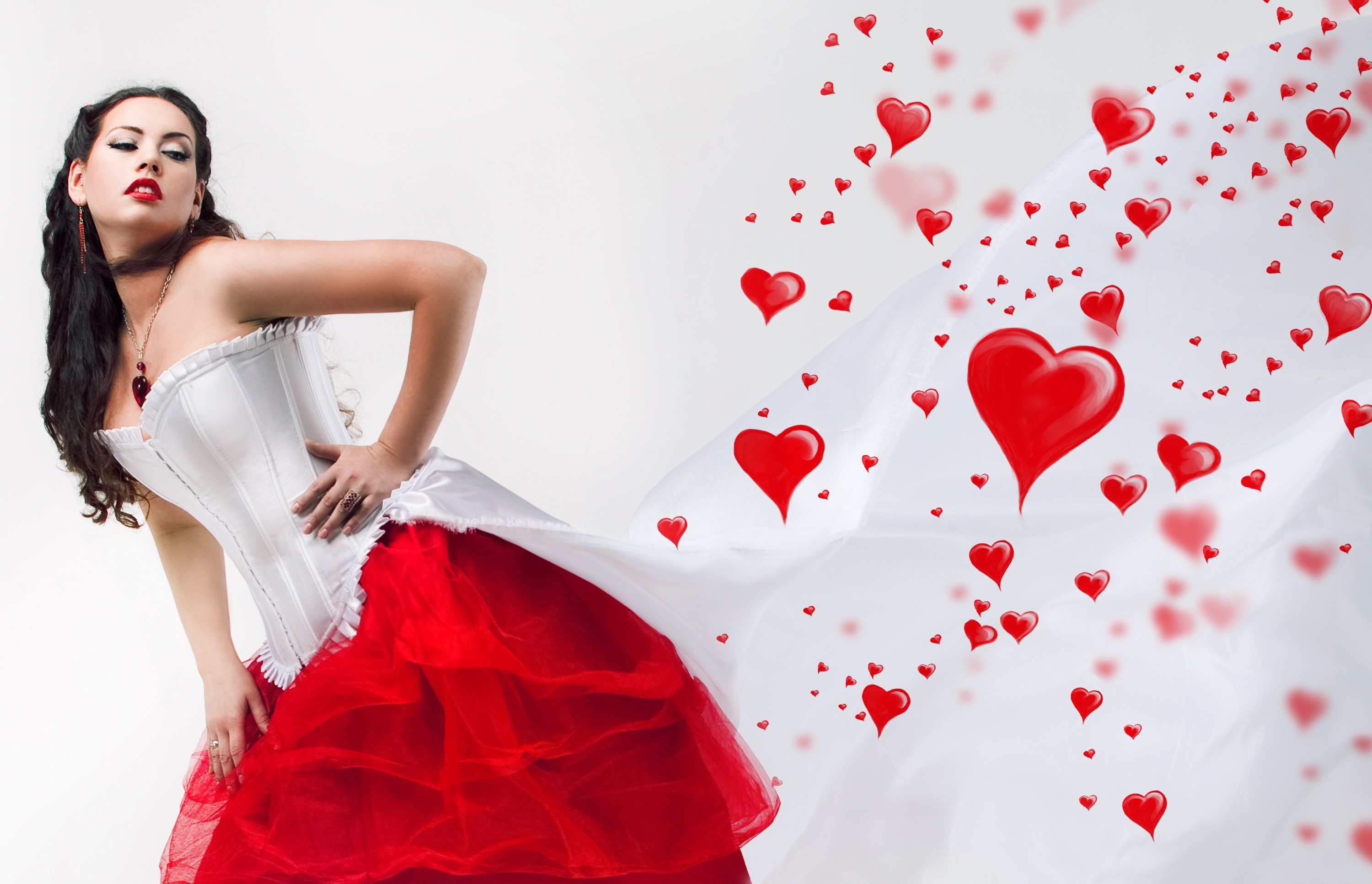 Woman in corset and red dress with hearts HD Wallpaper