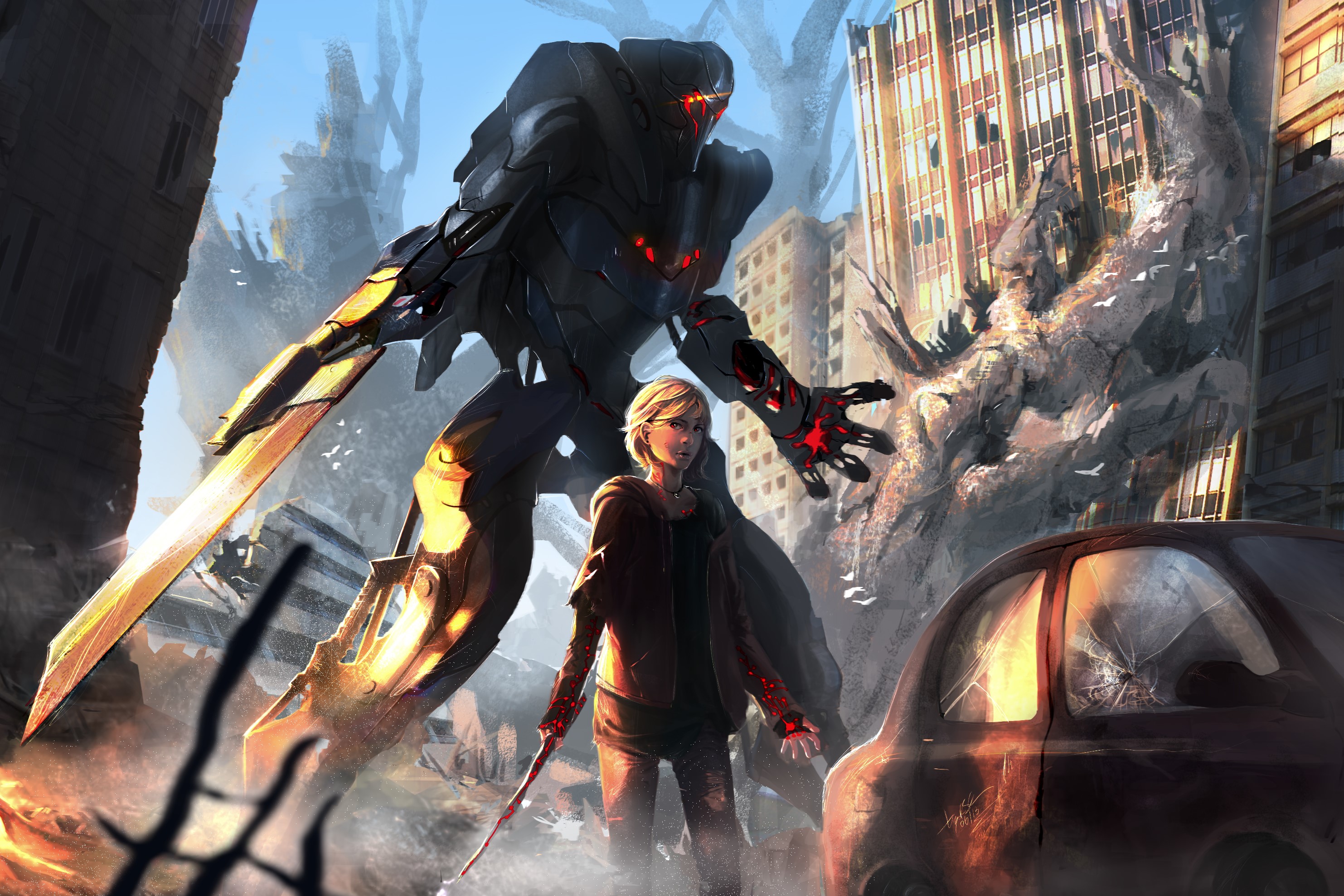 Girl and giant robot in ruined city HD Wallpaper