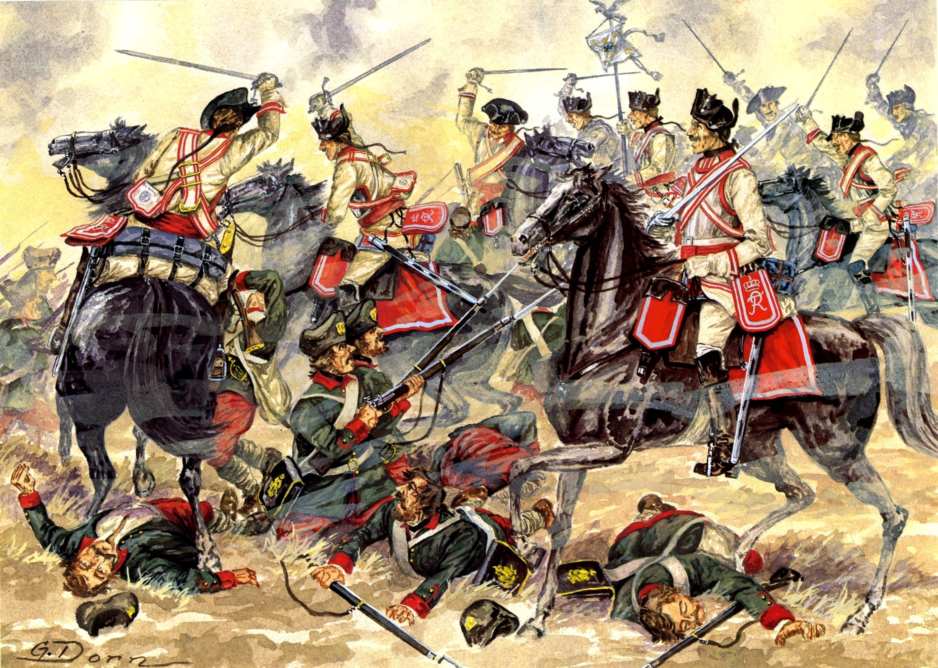 Painting of a cavalry battle with soldiers on horseback HD Wallpaper