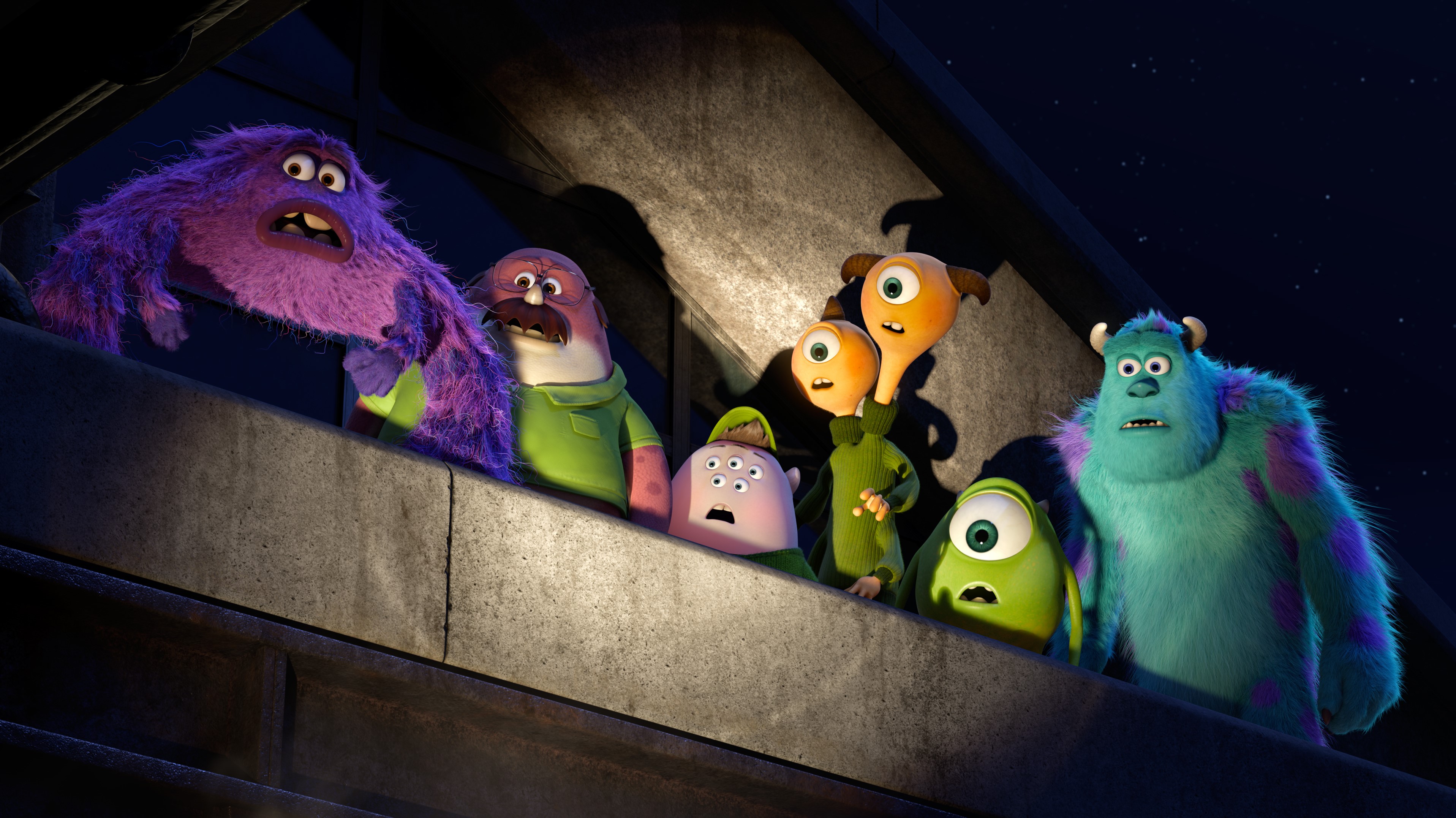 Monsters University characters on a ledge HD Wallpaper