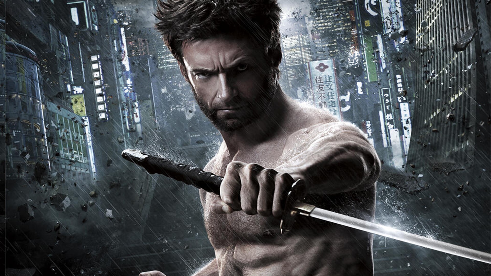 Wolverine from X-Men holding a katana in a rainy city HD Wallpaper