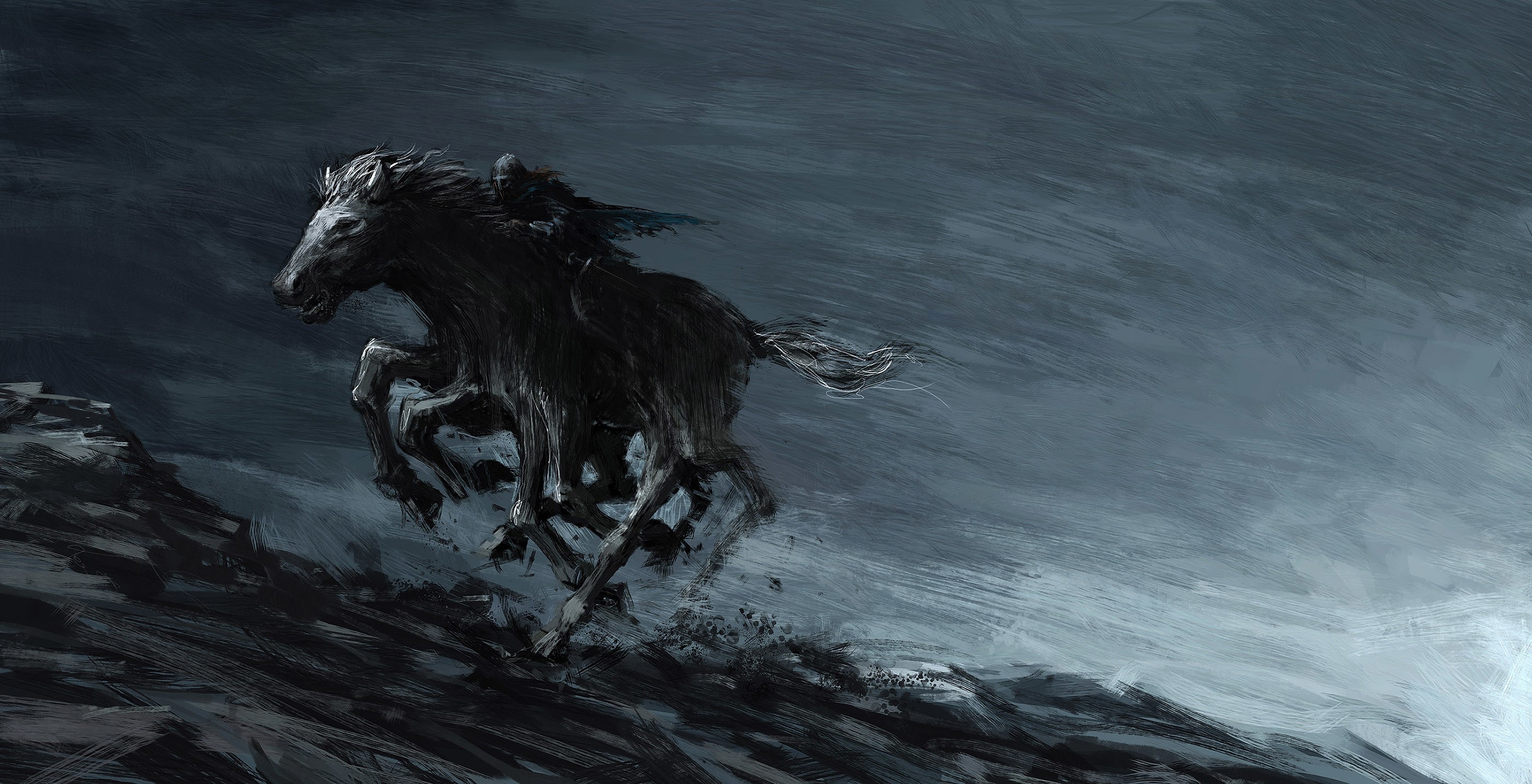 Dark horse galloping on a rocky terrain HD Wallpaper