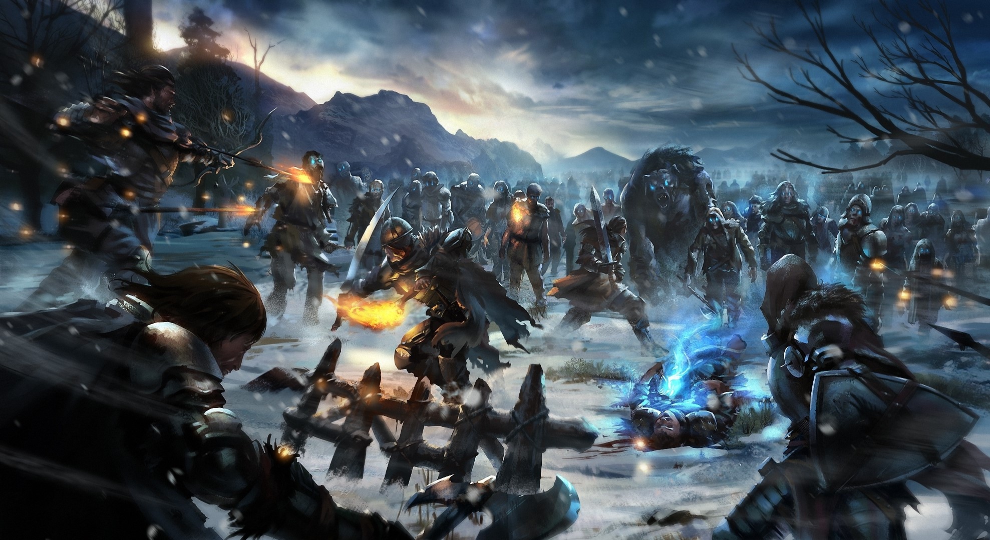 Warriors battling in a snowy landscape HD Wallpaper