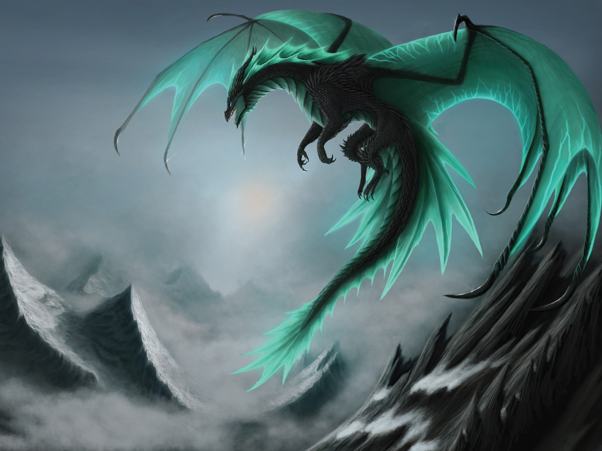 Majestic Dragon with Glowing Turquoise Wings in Misty Mountains HD Wallpaper