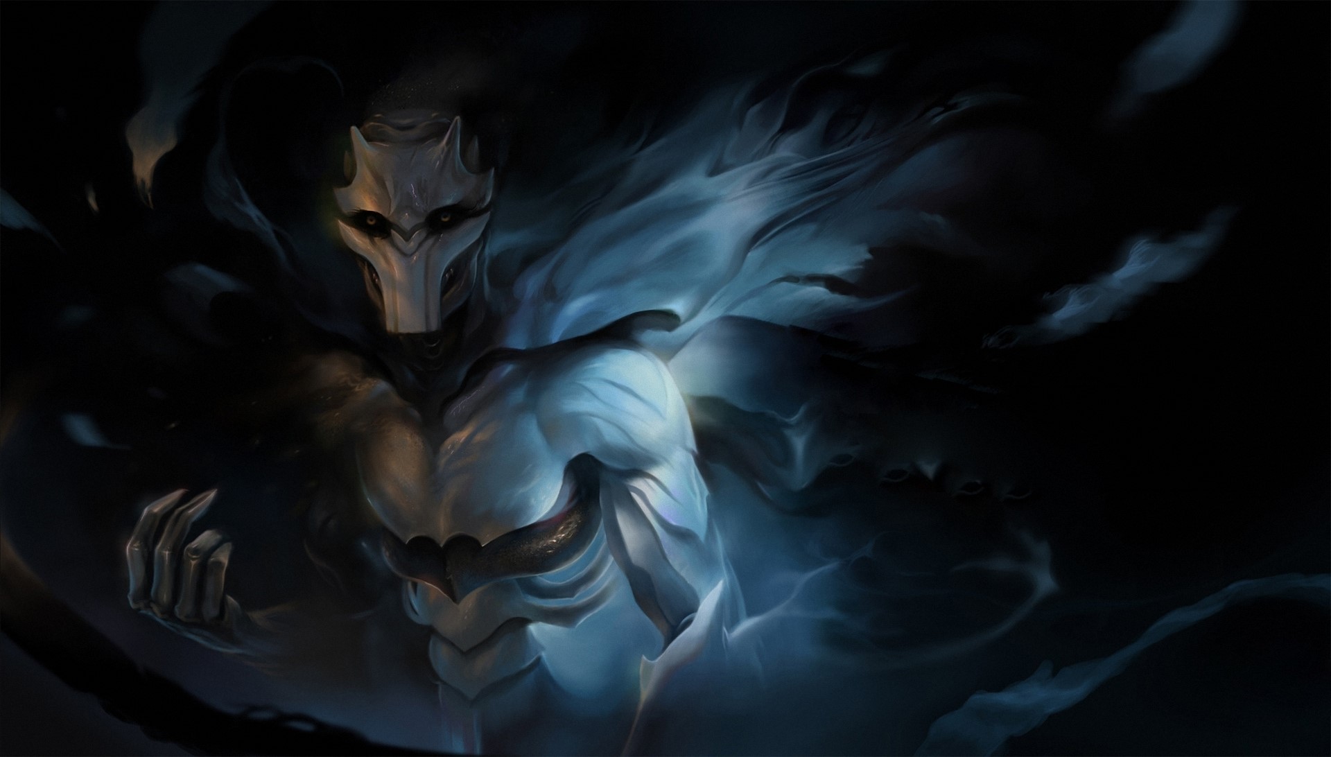 A shadowy, masked creature with glowing blue accents HD Wallpaper