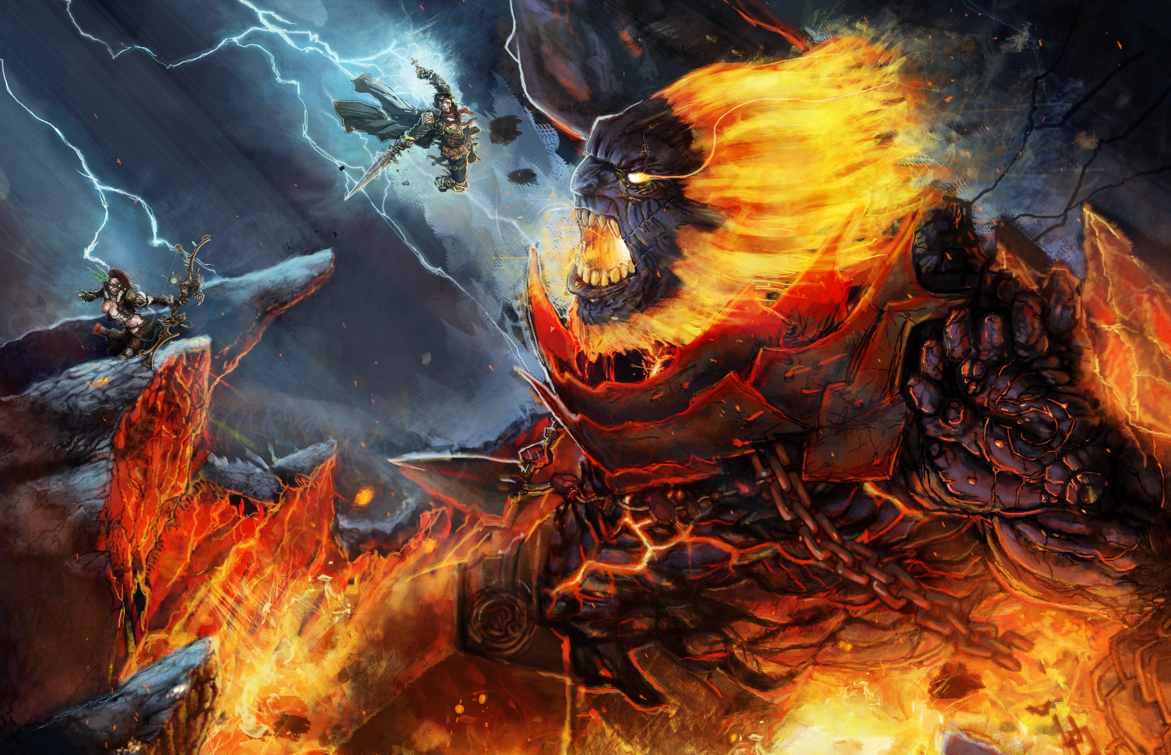 4K Battles with Fire Monster and Warriors HD Wallpaper