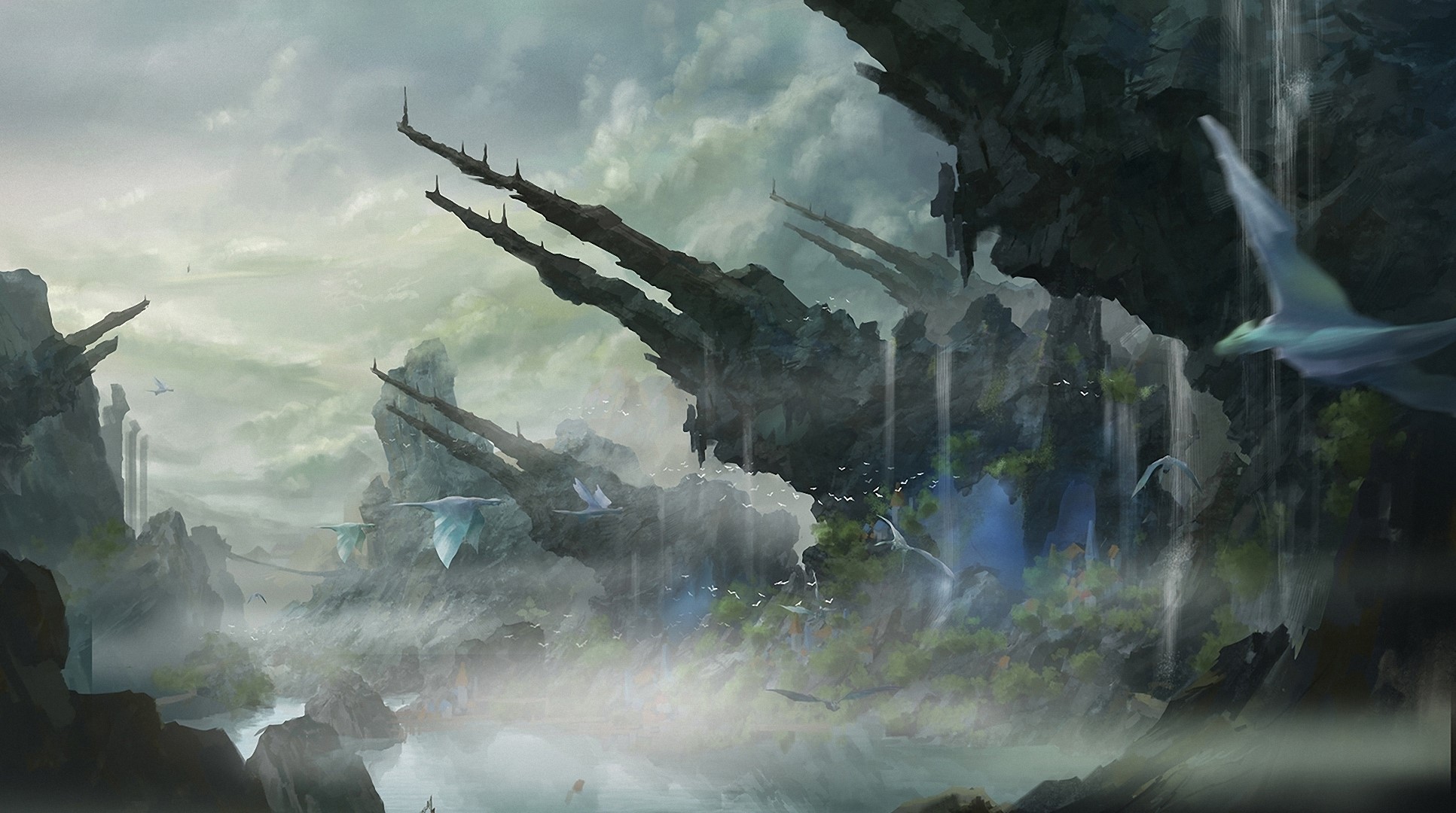 Fantasy world with floating islands and waterfalls HD Wallpaper