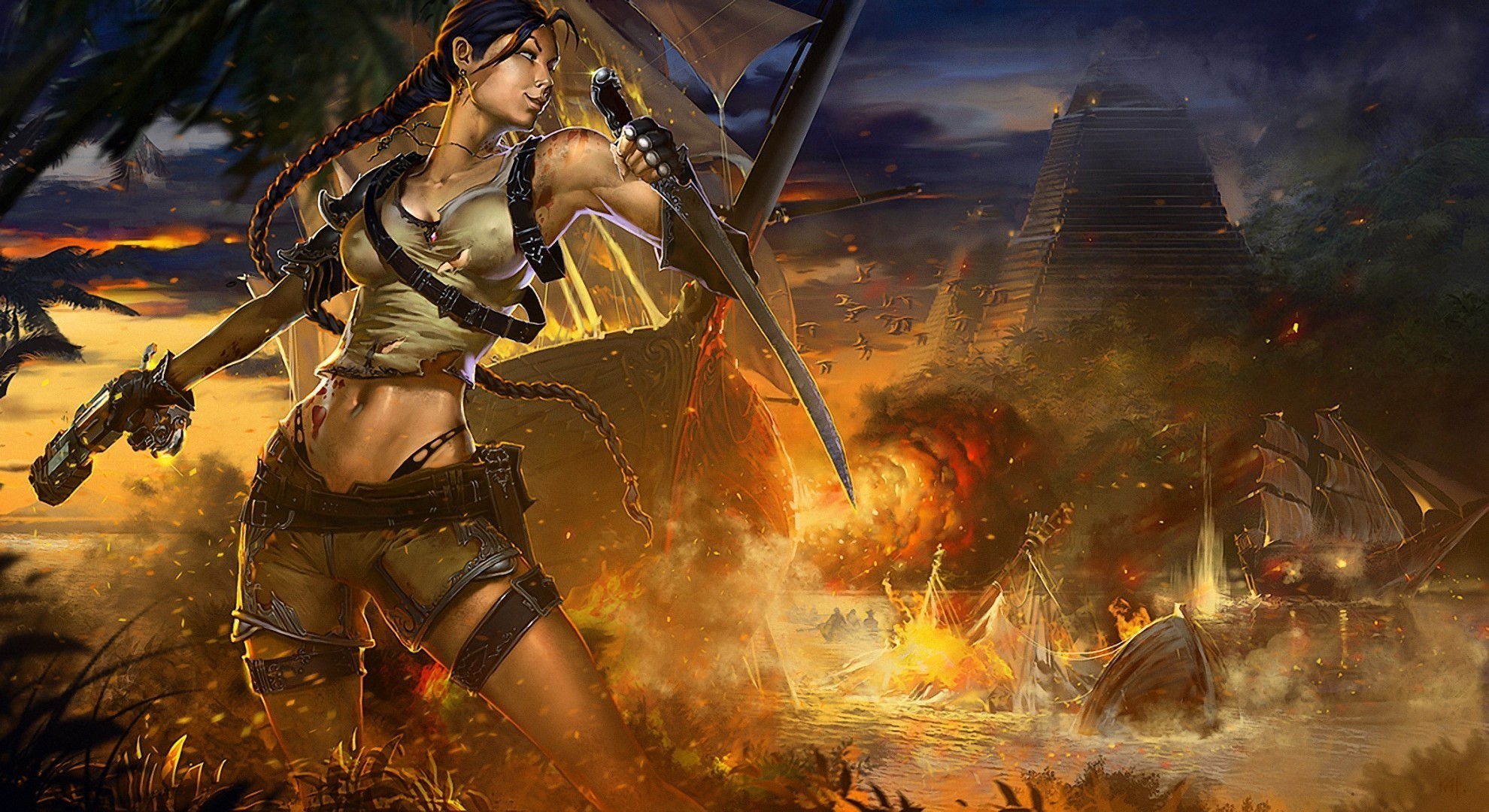 Lara Croft in a battle with ships and pyramids HD Wallpaper