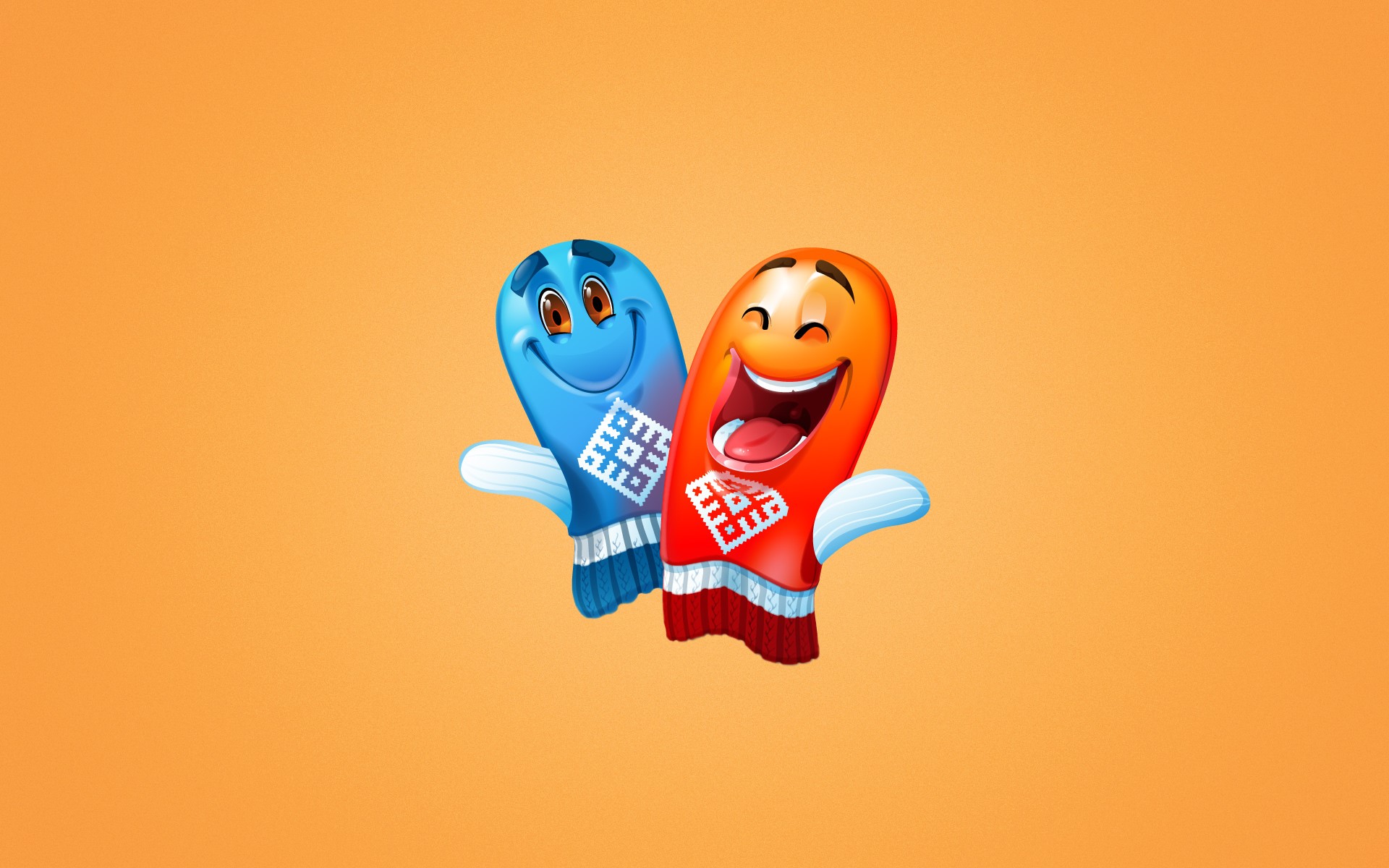 Two cartoon mittens with faces on orange background HD Wallpaper