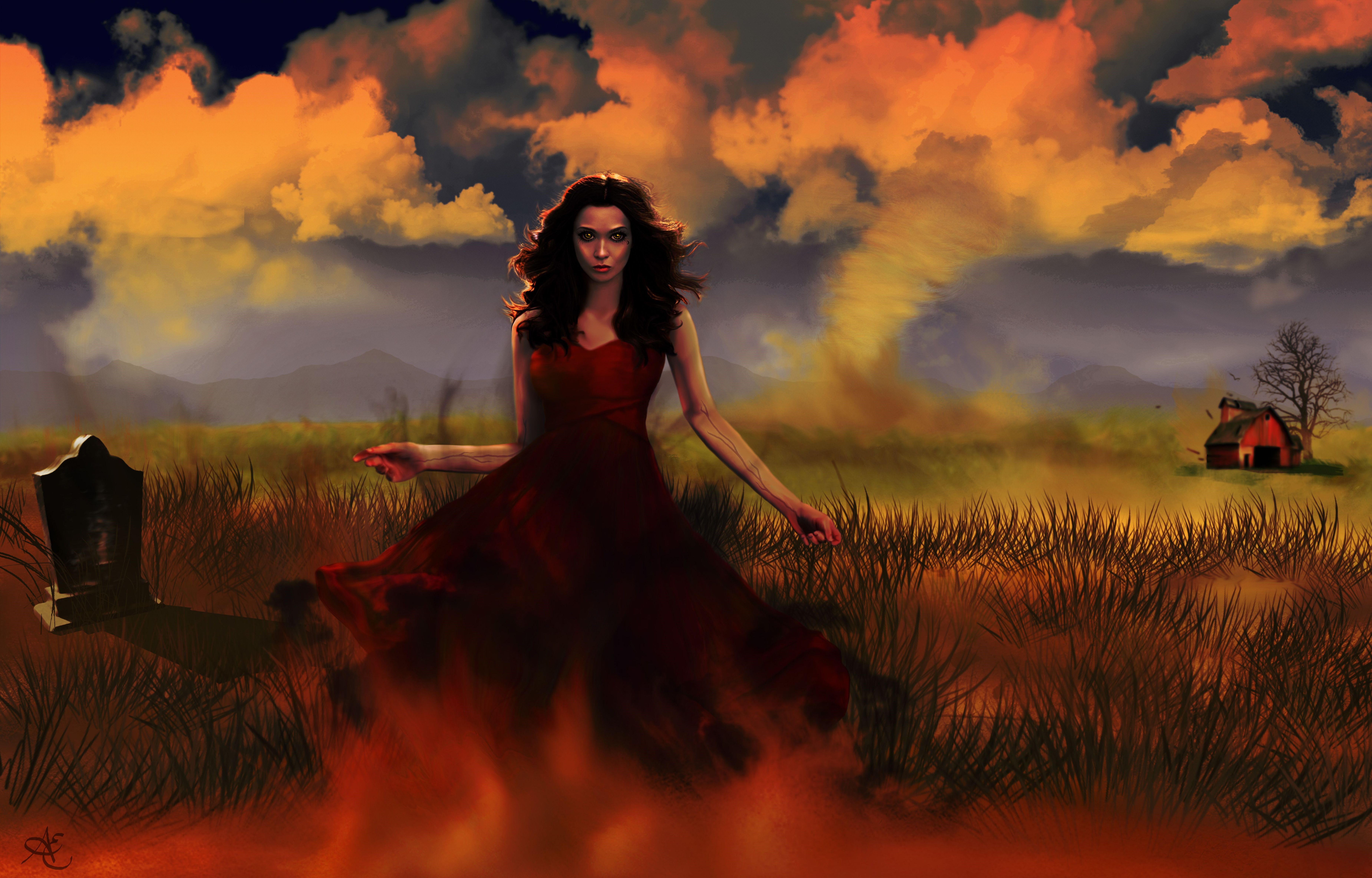Woman in red dress near tombstone with tornado HD Wallpaper