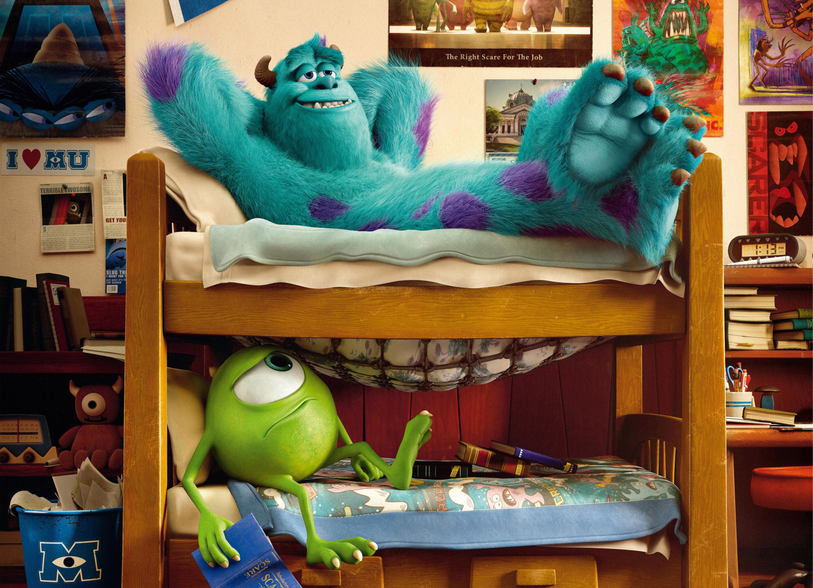 Sulley and Mike from Monsters University in a dorm room HD Wallpaper