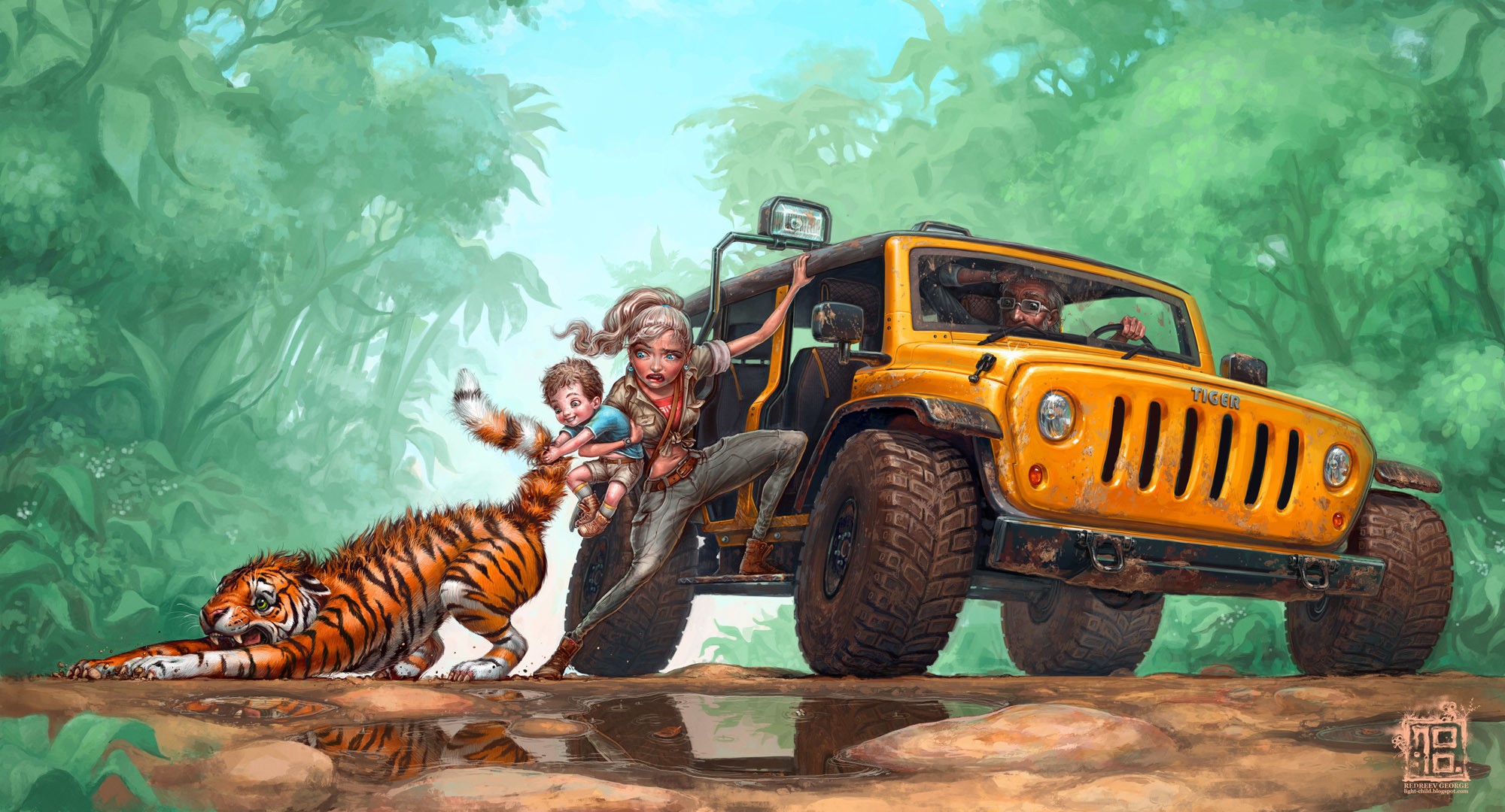 Woman and child grabbed by tiger near jeep HD Wallpaper