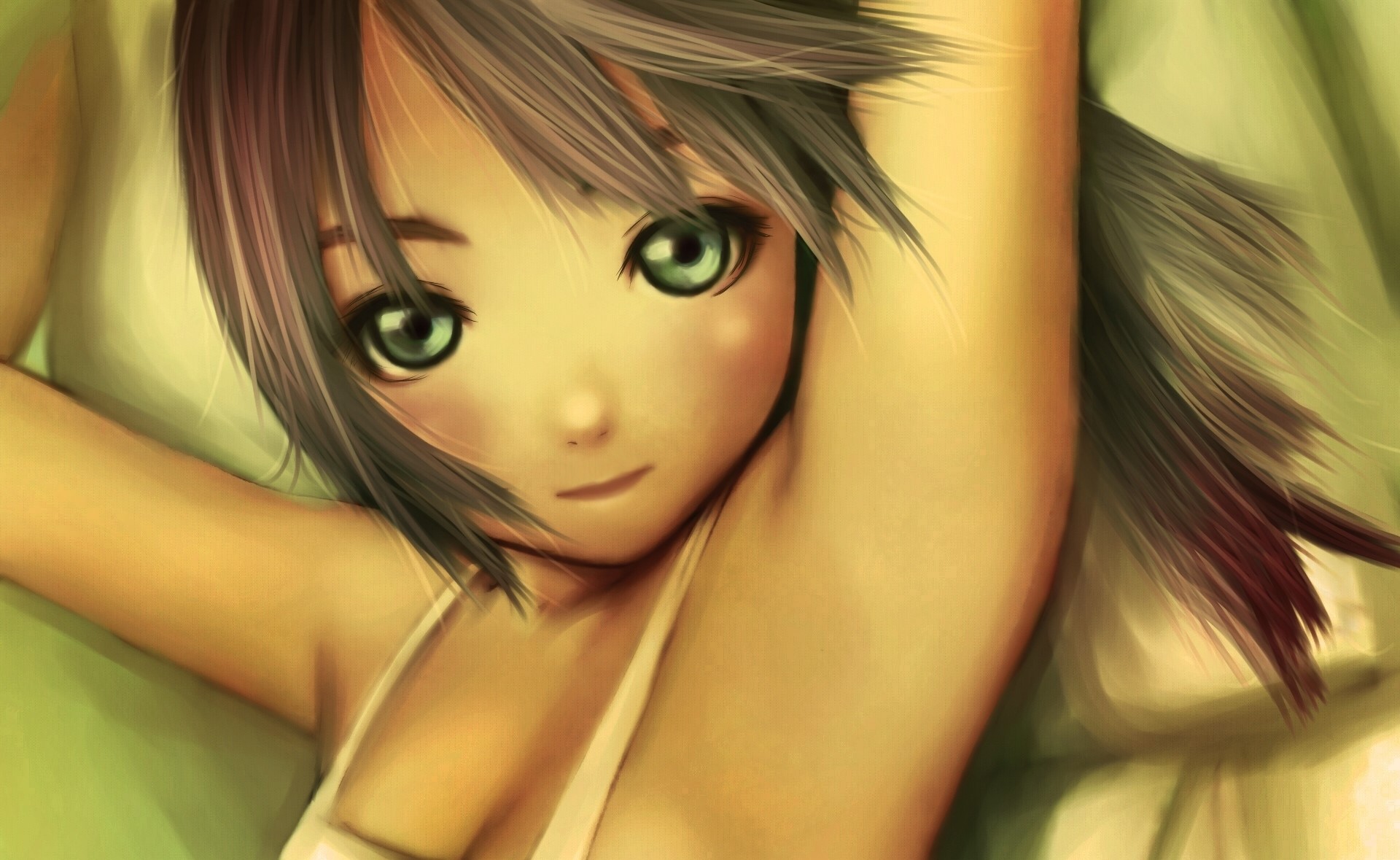 Anime girl with green eyes looking up HD Wallpaper