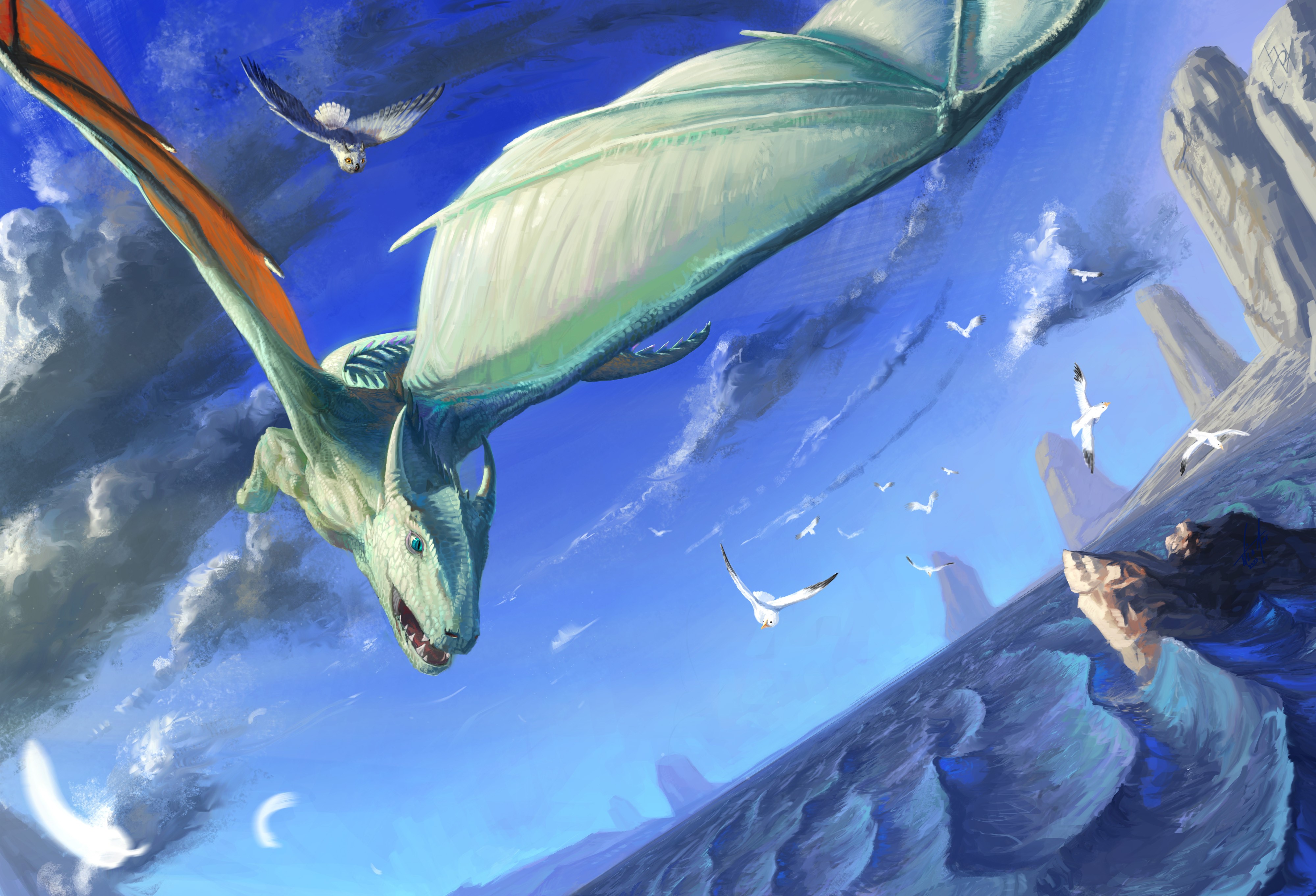 Dragon and birds flying in the sky HD Wallpaper