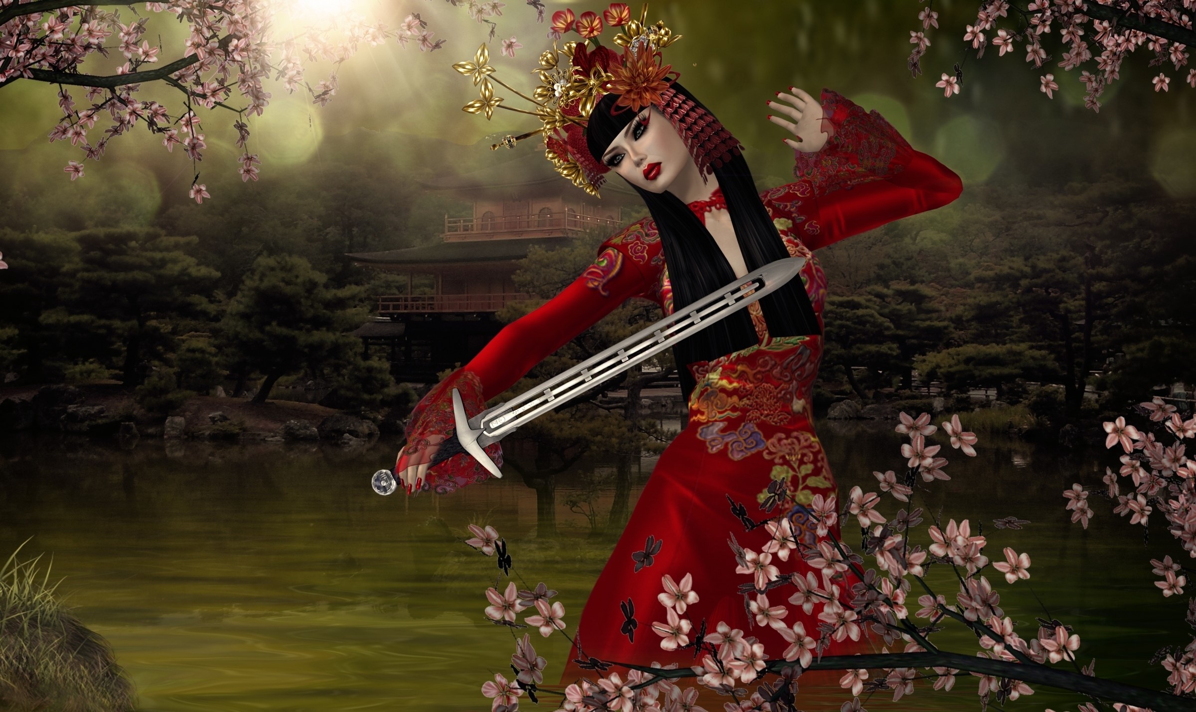 Geisha with sword in Japanese garden HD Wallpaper
