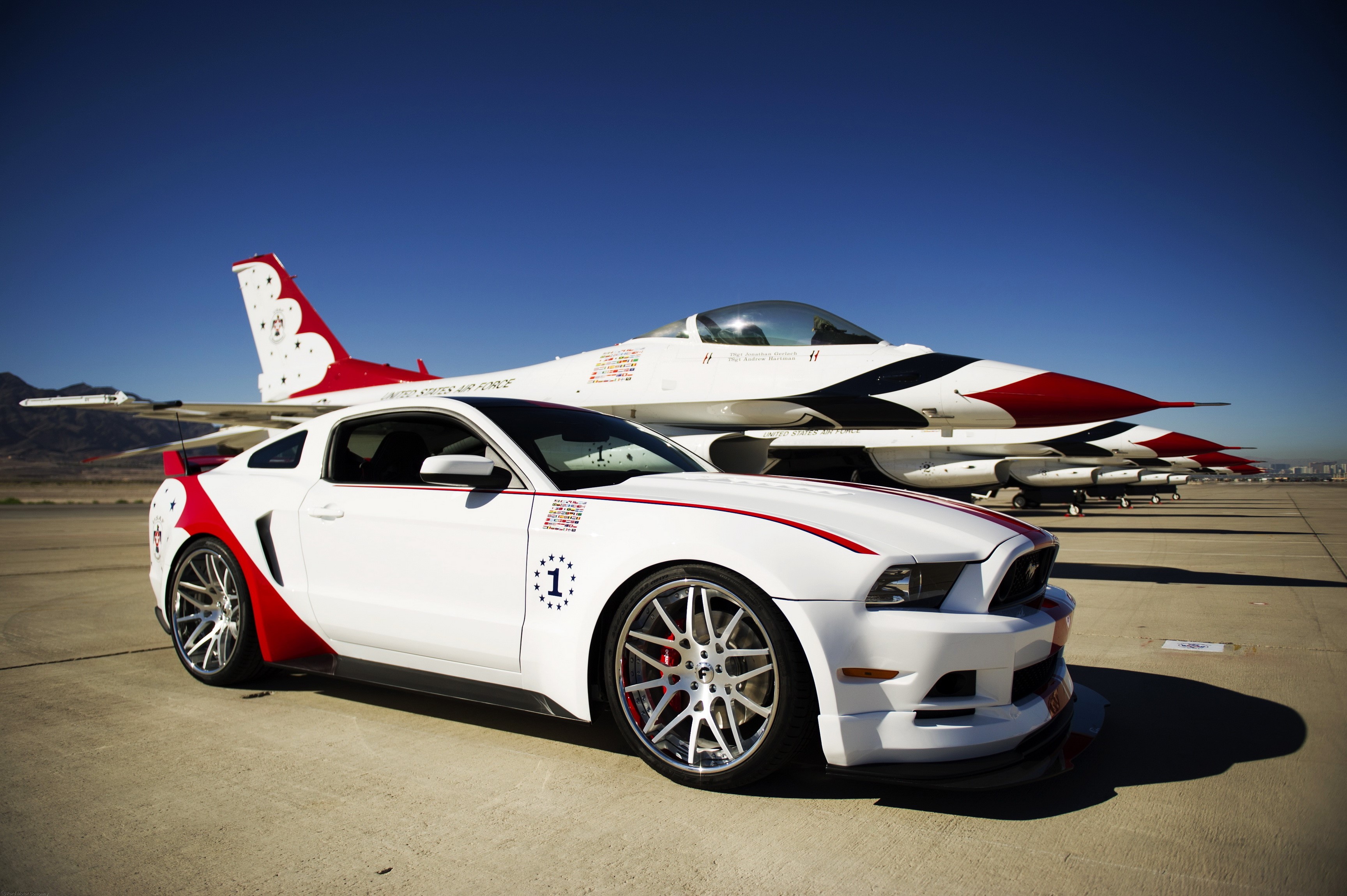 White Ford Mustang GT with US Air Force Thunderbirds Jet HD Wallpaper