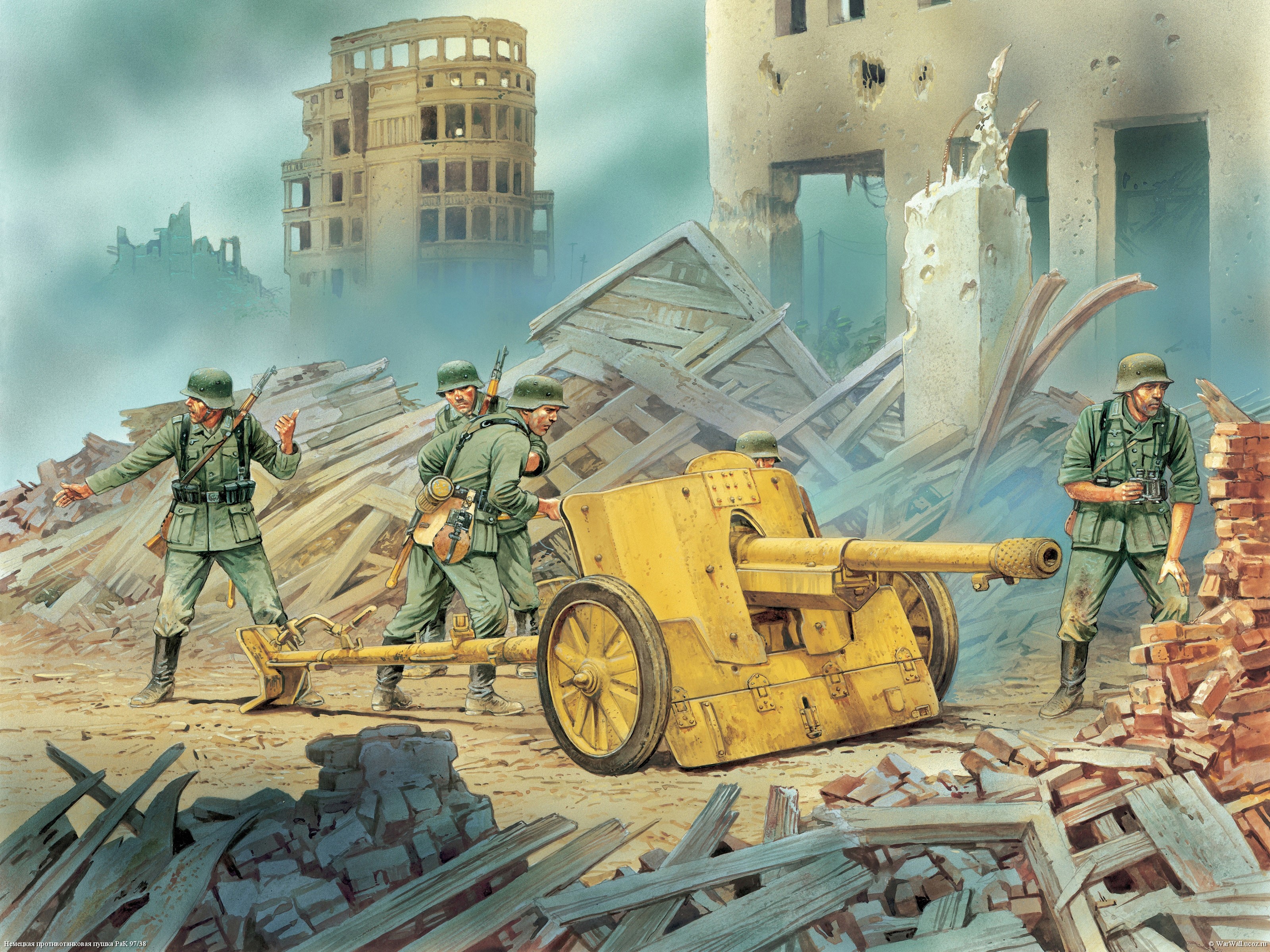 German soldiers with a cannon in a destroyed city HD Wallpaper