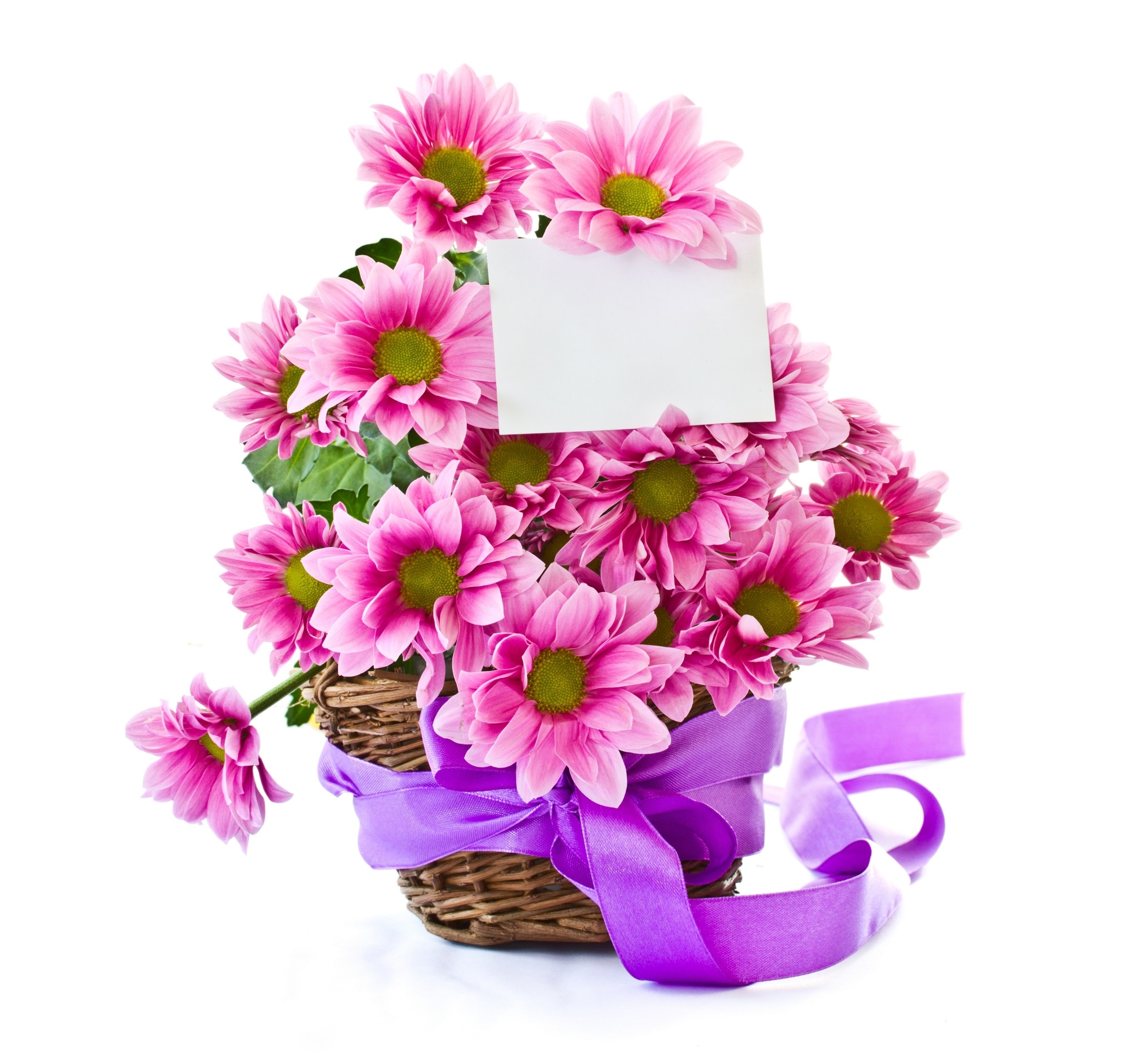 Pink Chrysanthemums in a Wicker Basket with a Note HD Wallpaper