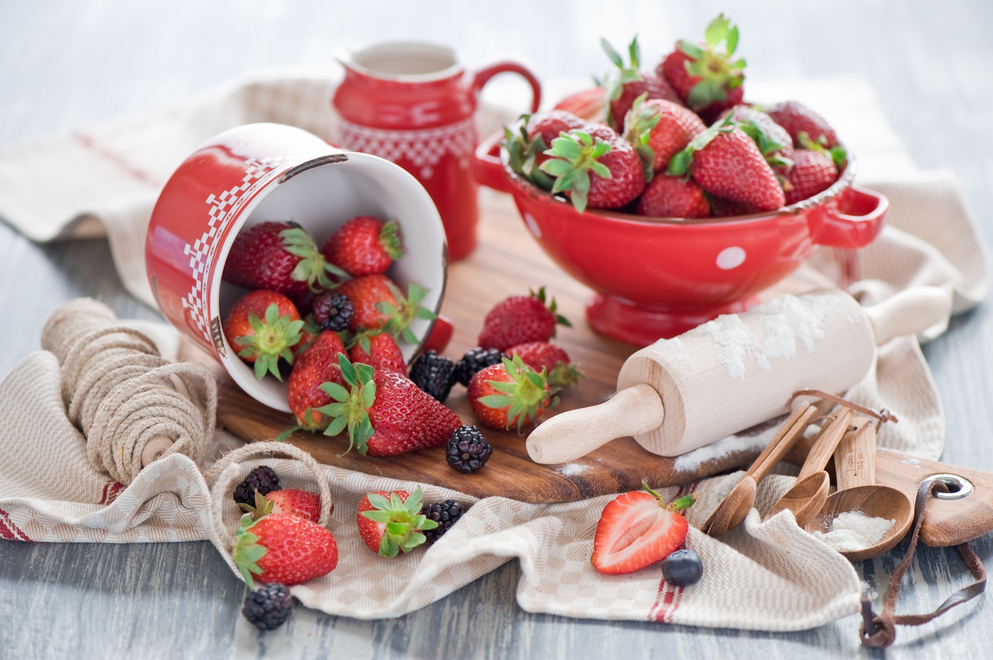 Strawberries and blackberries with baking tools HD Wallpaper
