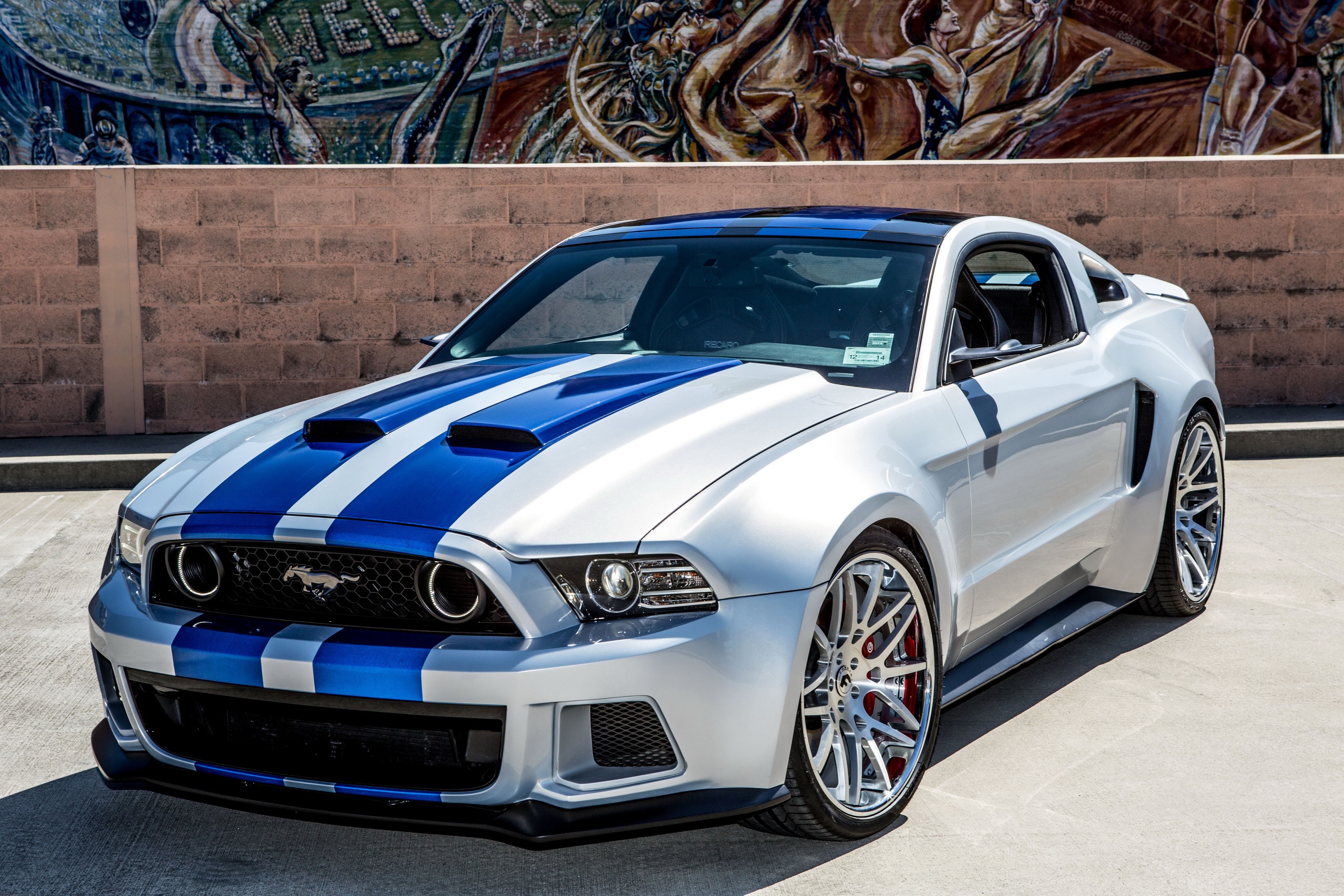 2013 Ford Mustang with Blue Racing Stripes HD Wallpaper