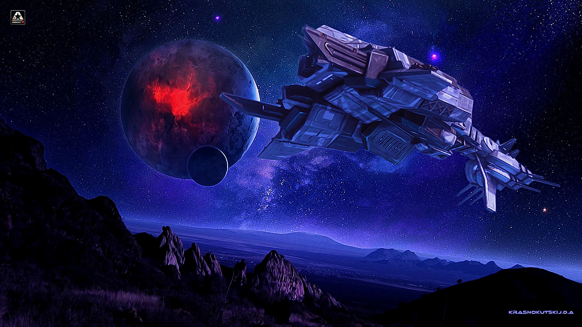 Spaceship near a glowing planet in outer space HD Wallpaper