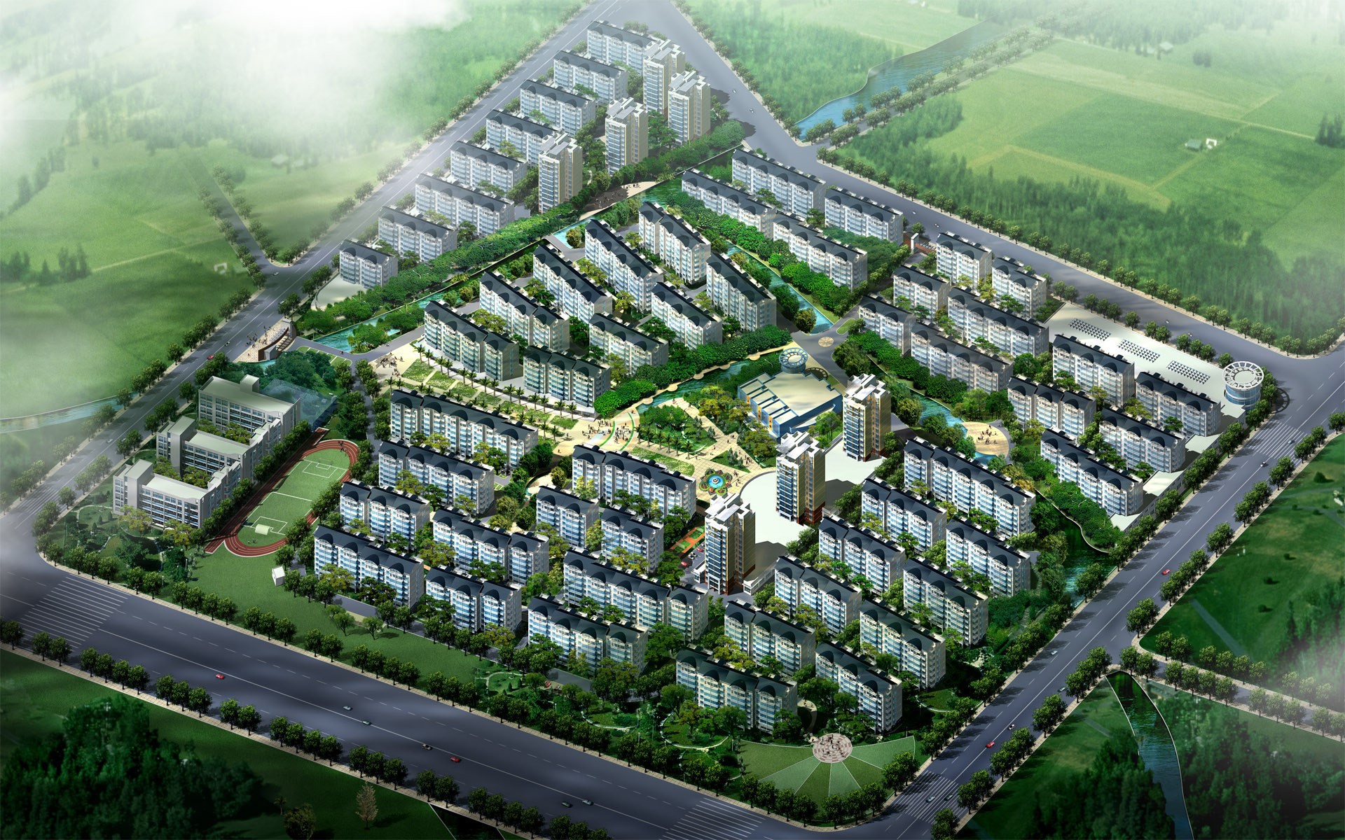 Aerial view of a residential complex with apartment buildings and green spaces HD Wallpaper
